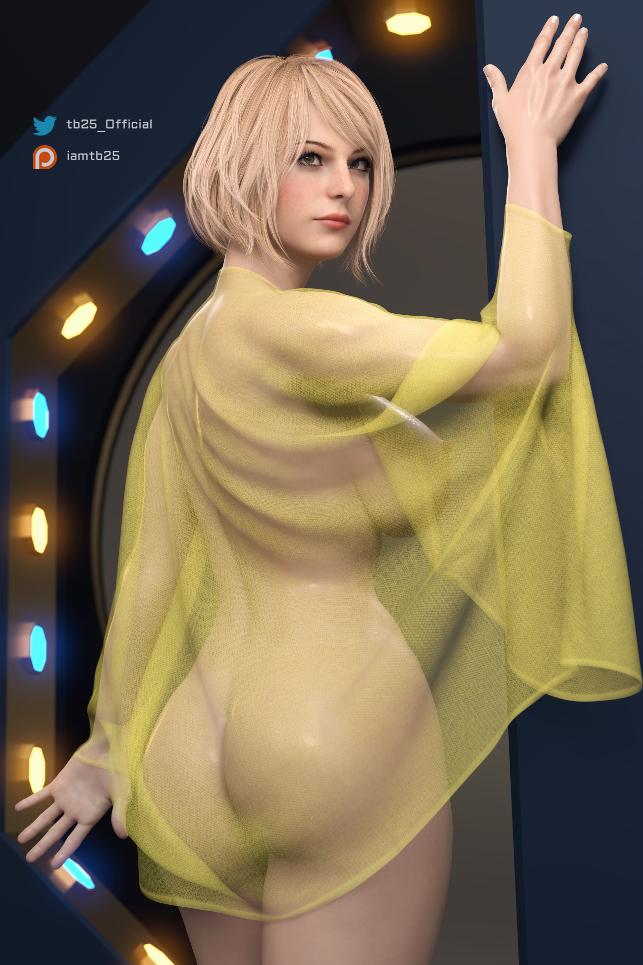 1girls, 3d, abs, ashley graham, ashley graham (ella freya), ass, athletic, athletic female, big ass, big breasts, blonde hair, blue eyes, breasts, capcom, female, green eyes, light skin, light-skinned female, medium hair, patreon username, resident evil, resident evil 4, resident evil 4 remake, robe, solo, tb25, thick thighs, twitter username, wide hips