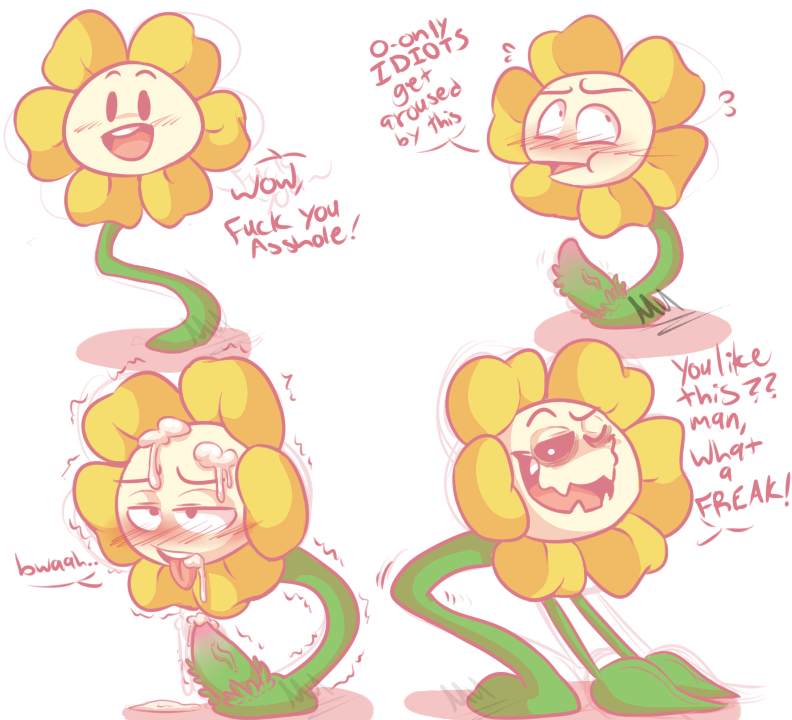 blush cum cum_on_face english_text erection flora_fauna flower flowey_the_flower green_penis male male_only penis plant plant_penis shaking simple_background solo solo_male text tongue tongue_out twilightsuccubus undertale video_games white_background