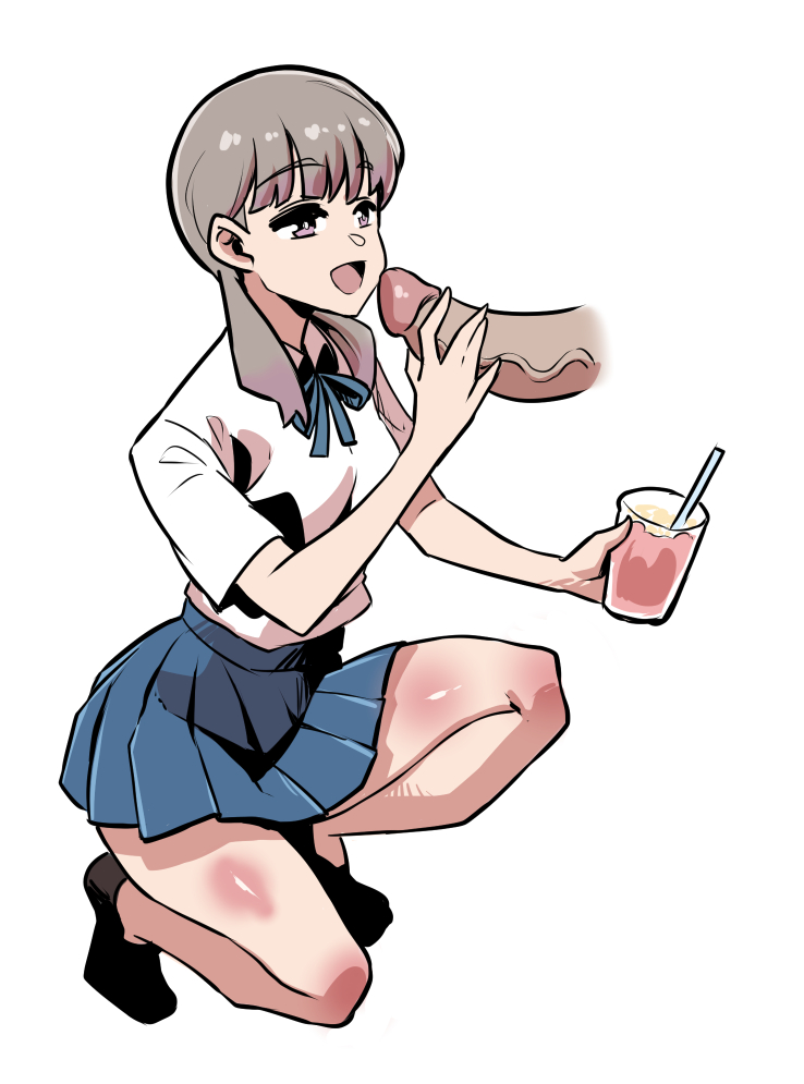 brown_hair drink first_porn_of_character imminent_oral kukuruyo mcdonald's miniskirt open_mouth penis school_uniform schoolgirl_(japanese_mcdonald's_commercial) skirt white_shirt yoru_mac