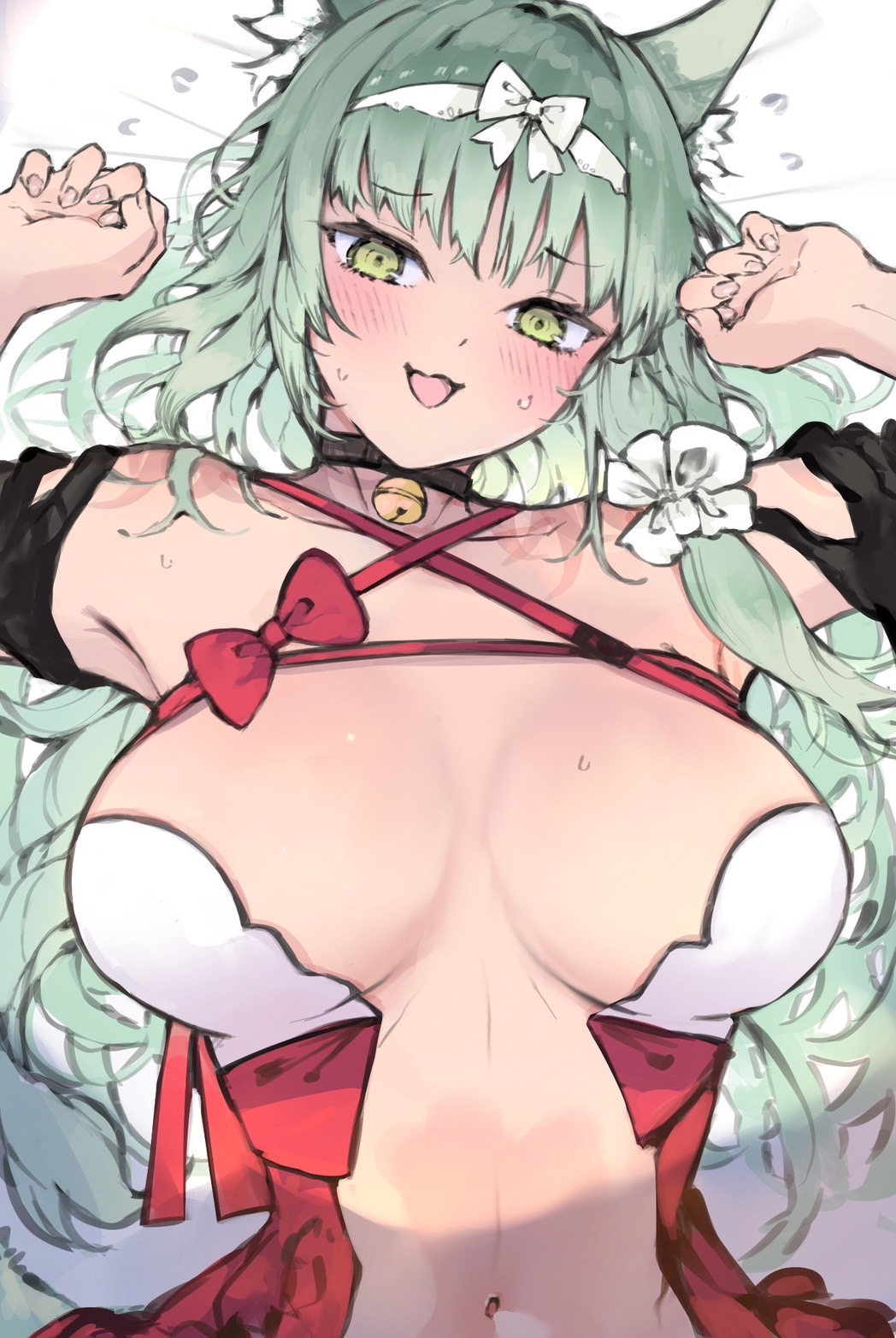 animal ears, arknights, bell, breasts, breasts apart, cat ears, cat girl, cleavage, collarbone, female, green eyes, green hair, harmonie (arknights), harmonie (decoration) (arknights), highres, imminent sex, jingle bell, kyuu (plastic night q), large breasts, long hair, looking at viewer, lying, navel, neck bell, official alternate costume, on back, open mouth, smile, solo, stomach, upper body