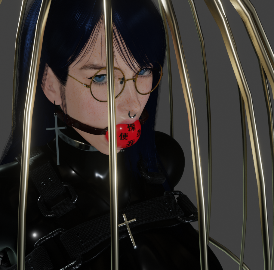 3d 3d_(artwork) arms_behind_back ball_gag black_bodysuit blender blender_(software) blender_eevee blue_eyes blue_hair bodysuit bondage cage caged captive captured chinese_text choker cross_earrings cross_necklace earrings eyeliner gag gagged glare glaring glasses gold_glasses grace_(osimai) huge_breasts lip_piercing lip_ring long_hair necklace nose_piercing nose_ring original_character osimai restrained silver_choker staring staring_at_viewer wrists_tied