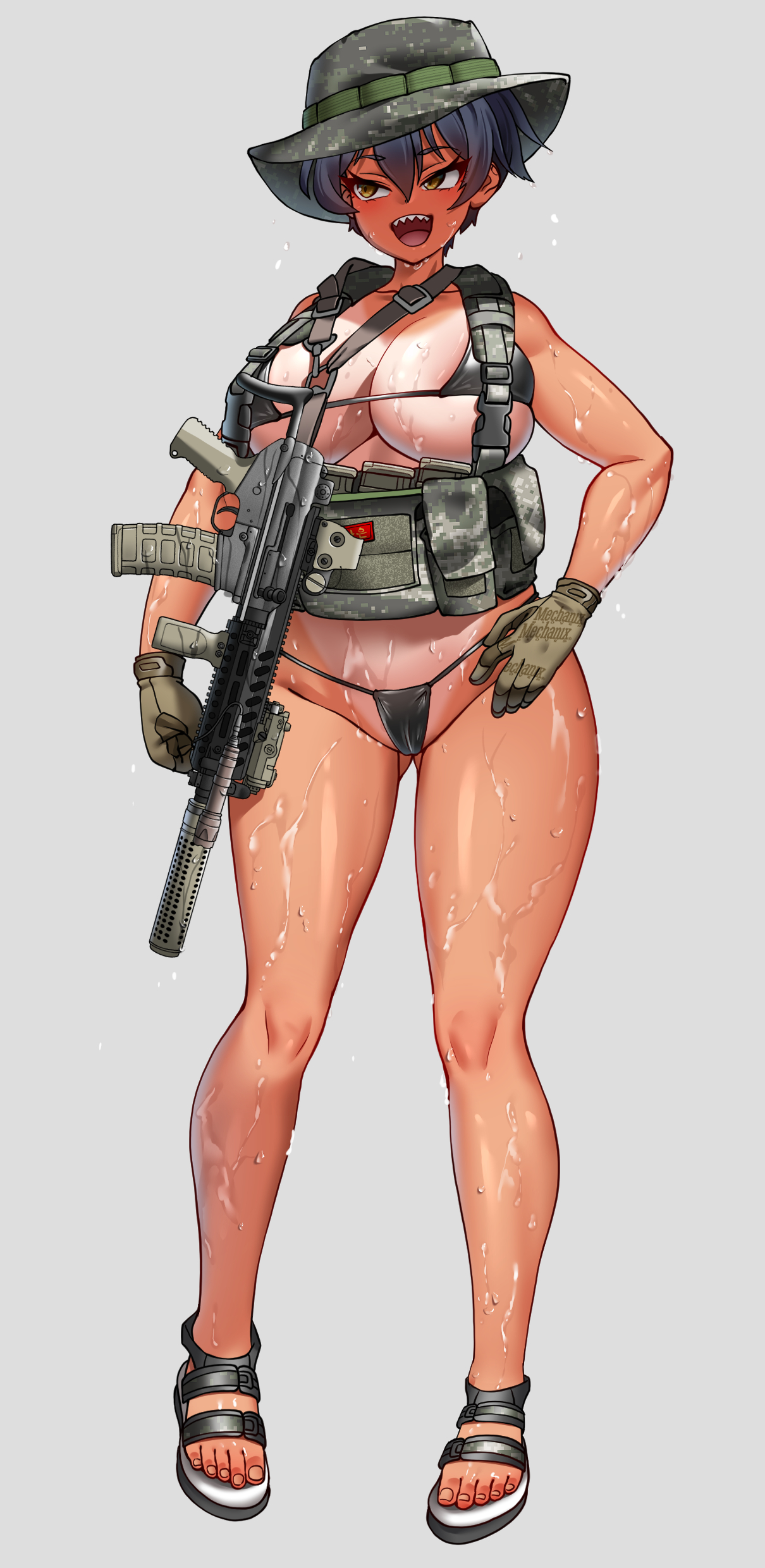 bikini, bikini bottom, bikini top, breasts, camo, camo print, female, gloves, gun, hat, hitch (hitch driessen/perotoss400/kirochef), military, military hat, rokmc chan, sandals, tan, tan body, tan skin, tanline, thighs, tomboy, weapon, wet, wet body, wet skin