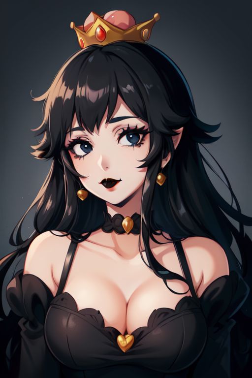 1girls ai_generated black_choker black_clothing black_dress black_eyebrows black_eyes black_hair black_lipstick breasts choker cleavage clothing crown dark_peach_(splatodyssey) dress earrings female female_only goth goth_girl lipstick looking_at_viewer mario_(series) matching_hair/eyes nintendo perchance_ai princess_peach solo splatodyssey super_mario_bros.