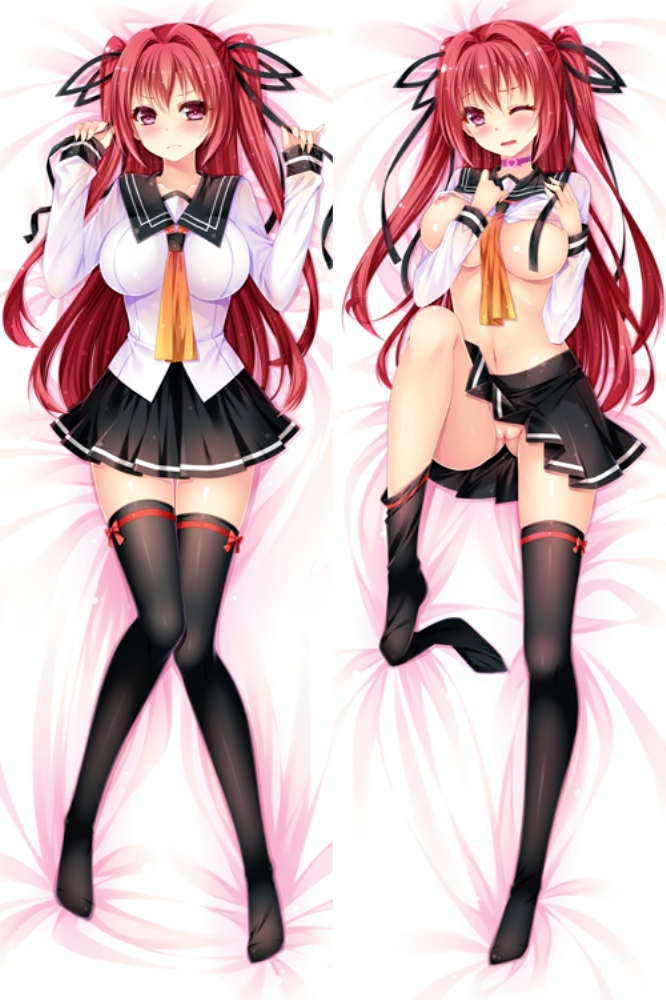 black legwear, black skirt, black thighhighs, blush, bra, breasts, cleavage, dakimakura, female, full body, large breasts, long hair, looking at viewer, lying, naruse mio, nipples, on back, open clothes, open mouth, open shirt, paipan, pink eyes, pussy, red eyes, red hair, ribbon, school uniform, shinmai maou no testament, skirt, solo, thighhighs, tied hair, twintails, underboob, underwear, uniform, vagina