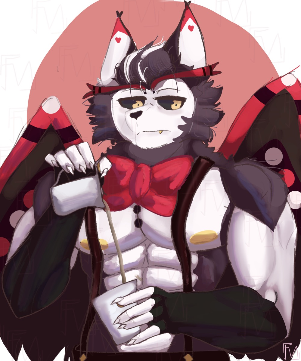 1boy abs anthro bara barazoku big_pecs black_pants black_sclera bowtie cheek_tuft claws demon demon_boy domestic_cat ear_markings face_markings felid feline furry hazbin_hotel husk_(hazbin_hotel) long_eyebrows neckwear nipples pouring red_bowtie red_eyebrows red_wings sharp_teeth shoulder_tuft solo_male suspenders tail thick_eyebrows two_tone_fur wings yellow_eyes yellow_nipples yellow_teeth