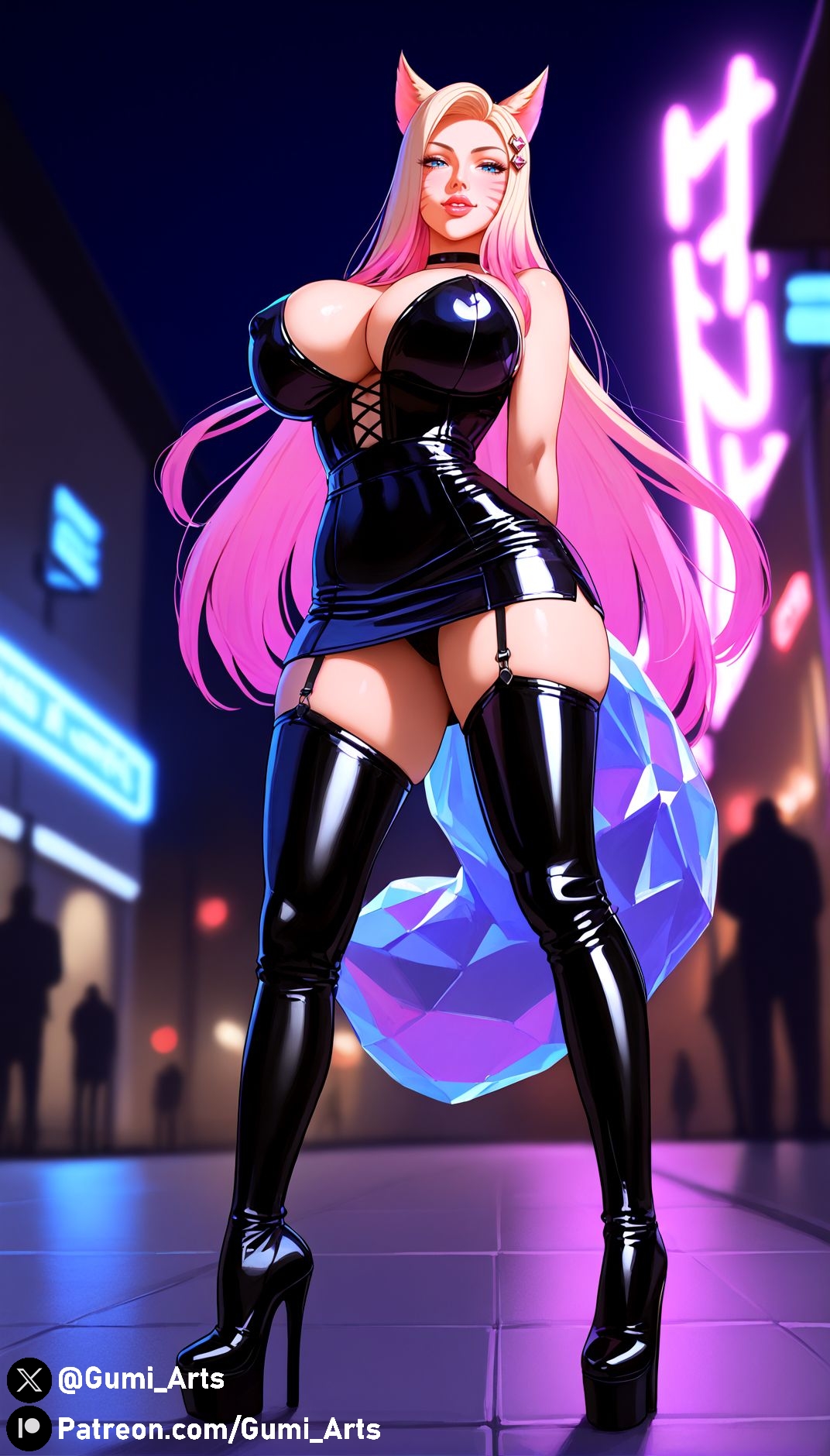 ahri, ai generated, blonde hair, blue eyes, breasts, cleavage, covered nipples, dress, female, fox ears, fox girl, fox tail, from below, gumi arts, hands behind back, high heel boots, high heels, huge breasts, k/da ahri, k/da all out ahri, latex, league of legends, lipstick, multicolored hair, outdoors, pink hair, platform boots, platform heels, stable diffusion, standing, stockings, street, thick thighs, thigh boots