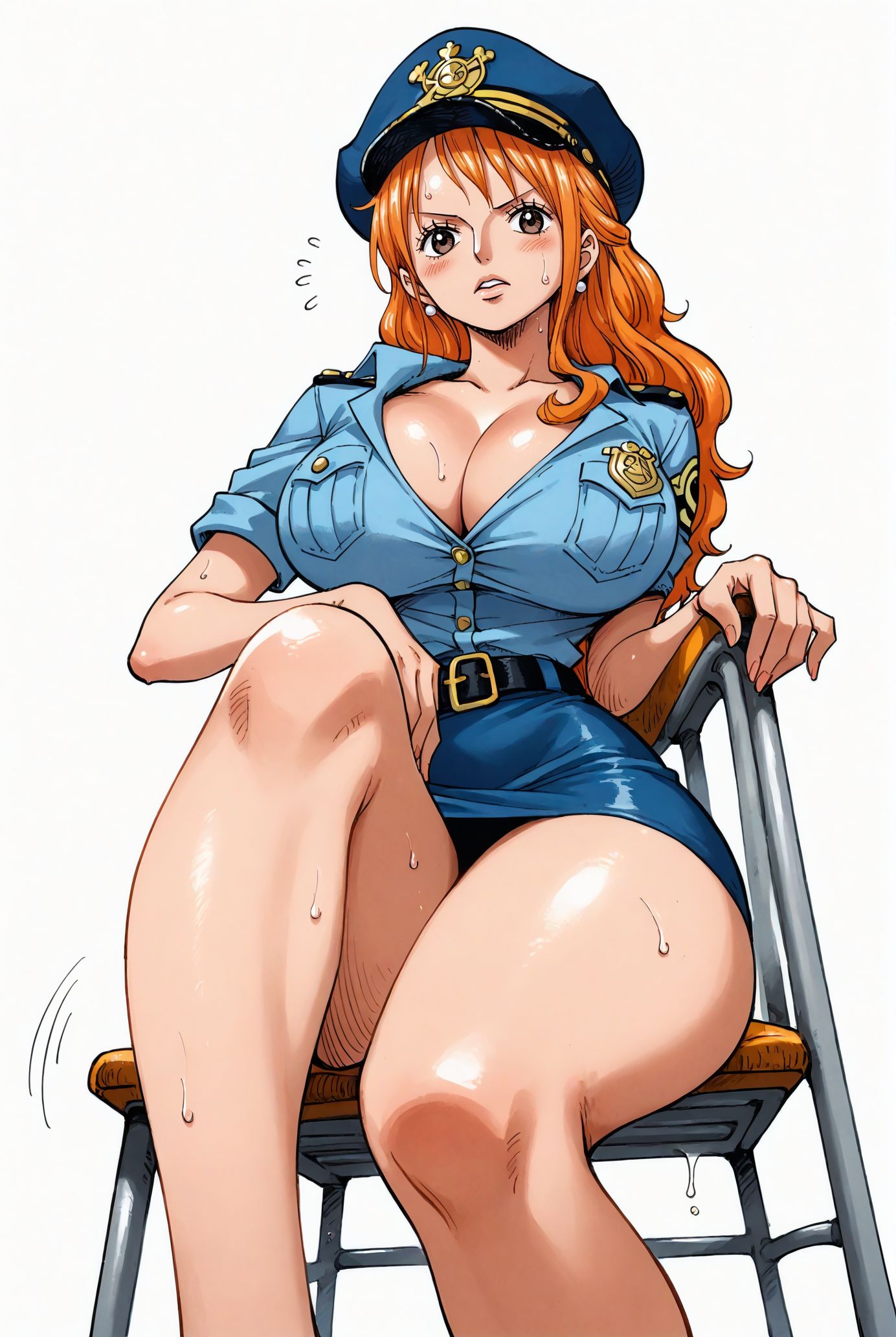 ai_generated alluring big_breasts blush breasts brown_eyes cleavage female female_only long_hair looking_at_viewer nami nami_(one_piece) one_piece open_mouth orange_hair police_hat police_officer police_uniform policewoman seducing seduction seductive seductive_body seductive_eyes seductive_gaze seductive_look seductive_mouth seductive_pose shiny_hair shiny_skin sitting sitting_on_chair skirt sweat sweatdrop sweating sweaty sweaty_body tongue_out voluptuous voluptuous_female yashin