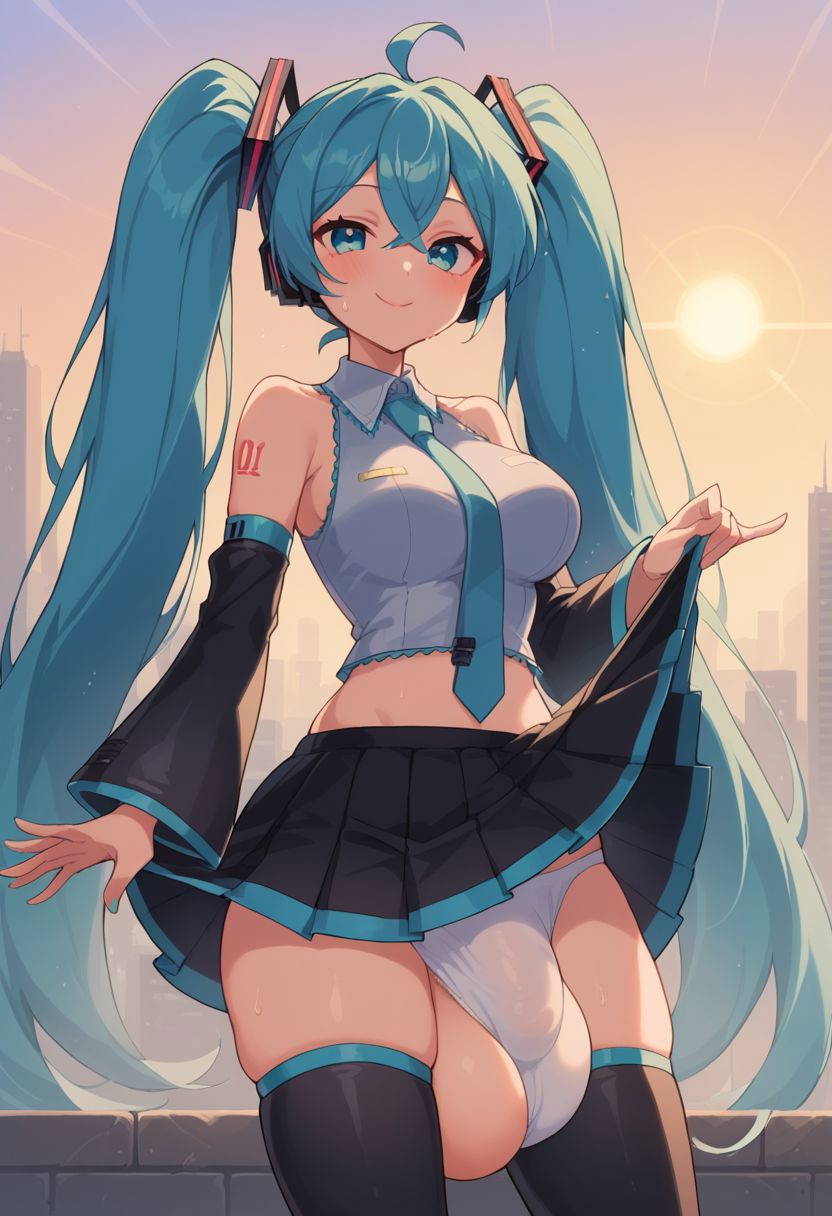 1futa ai_generated anime aqua_eyes aqua_hair balls_under_clothes bare_shoulders big_balls big_penis big_testicles black_thighhighs blush bulge city city_background civitai clothed clothes_lift detached_sleeves flaccid flaccid_penis full-package_futanari futa_only futanari hair_between_eyes hair_ornament hatsune_miku huge_balls huge_bulge huge_testicles lifted_by_self long_hair looking_at_viewer medium_breasts midriff mizuiro01 necktie outdoors panties penis_under_clothes penis_under_skirt pleated_skirt shirt skirt skirt_lift skirt_up sleeveless sleeveless_shirt smile solo solo_futa standing sun sunset tattoo testicles thighhighs twintails underwear