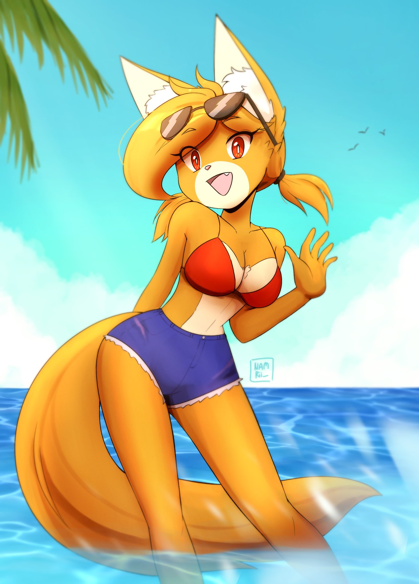 anthro bikini_top bright_(namrii_) clothed ear_tuft fox furry furry_ears jean_shorts looking_at_viewer namrii_ not_porn oc old_bright_(namrii_) tagme waving