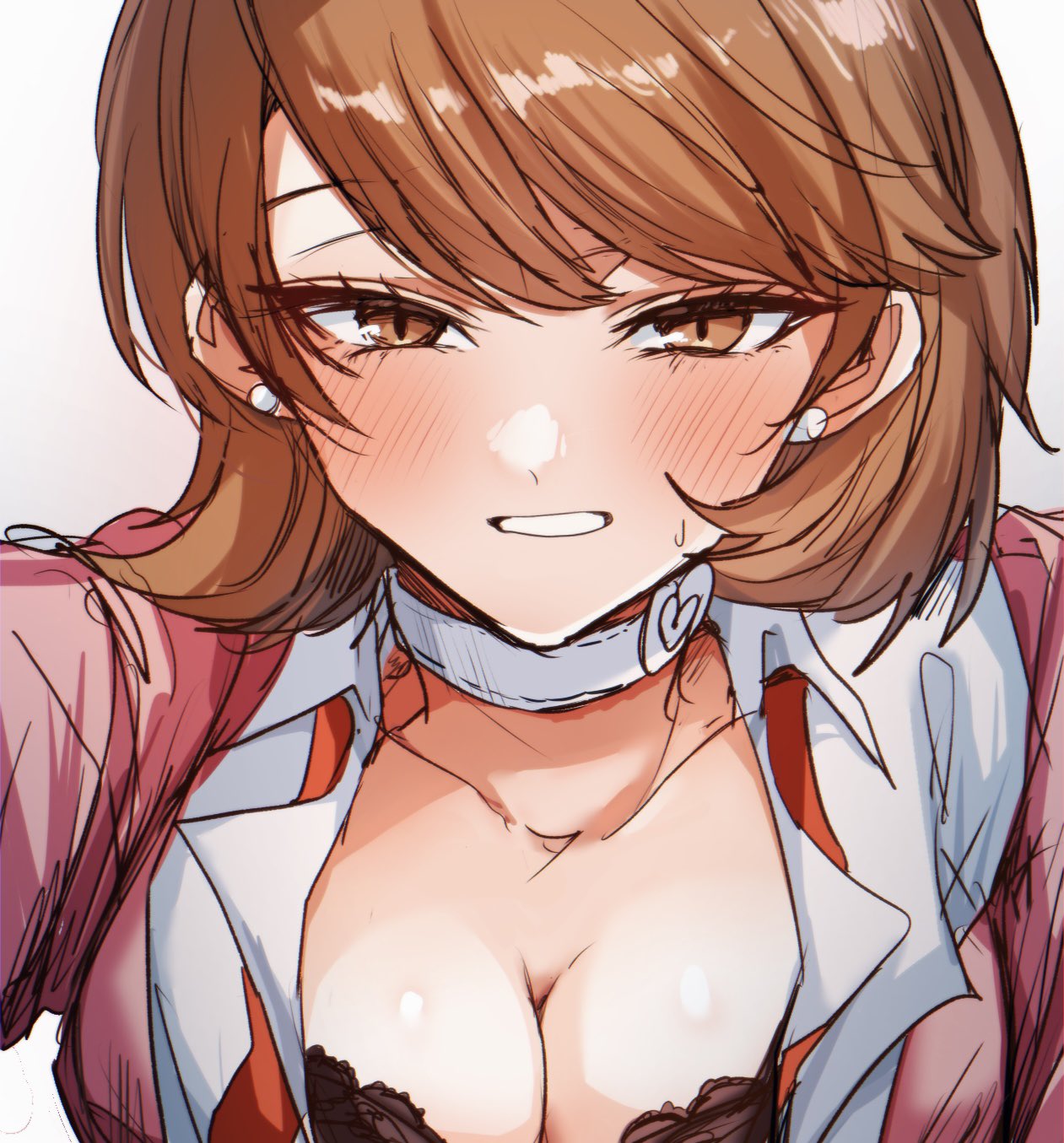 1girls bangs big_breasts black_bra black_lingerie blazer blush blush_lines blushing bob_cut bra breasts brown_eyes brown_hair brunette brunette_hair choker cleavage collared_shirt doodle earrings hair_between_eyes heart heart_ornament kabedon light-skinned_female light_brown_hair light_skin lingerie medium_hair open_shirt pearl_earrings persona persona_3 pink_blazer pov red_tie short_hair sketch smile smiling smiling_at_viewer solo_female sweat sweatdrop swept_bangs tie unbuttoned unbuttoned_shirt white_choker white_collar white_collared_shirt white_earrings yukari_takeba yuyuy_00