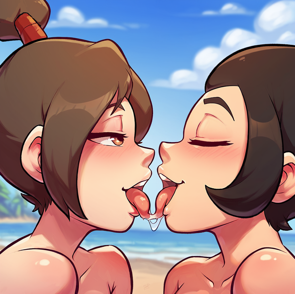 2girls aalternator ai_generated avatar_legends avatar_the_last_airbender azula beach female female_only fire_nation french_kissing human lesbian_kiss looking_at_partner making_out multiple_girls nonbender saliva_string ty_lee yuri