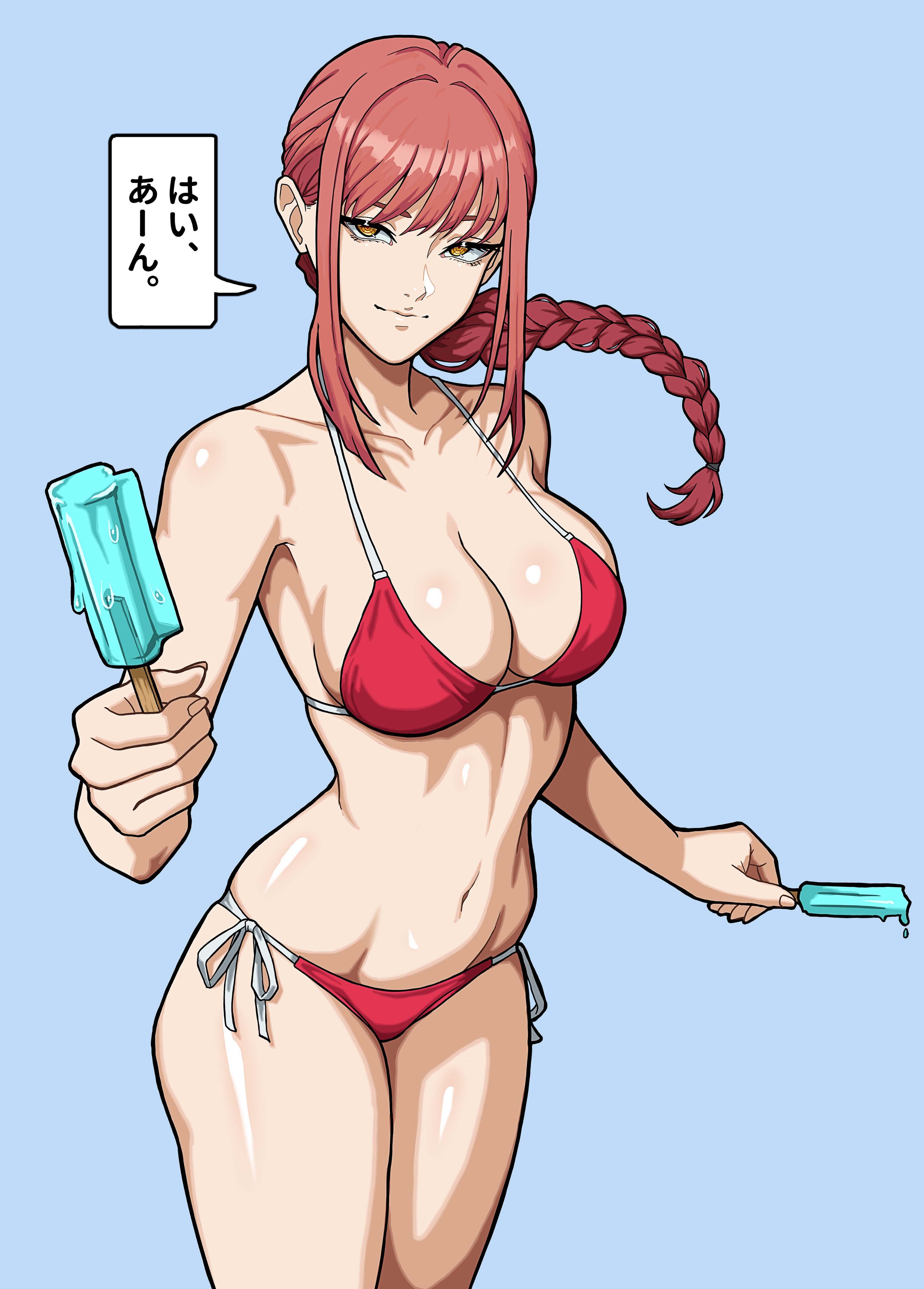 1girls, alternate version available, background, big breasts, bikini, bikini bottom, bikini top, blue background, bottomwear, braid, braided hair, breasts, chainsaw man, cleavage, female, female only, hair, high resolution, highres, hips, holding object, huge breasts, japanese text, makima (chainsaw man), mikeypieart, popsicle, red bikini, red hair, shadow, solo, solo female, speech bubble, swimwear, text, thick thighs, topwear, translation request, yellow eyes