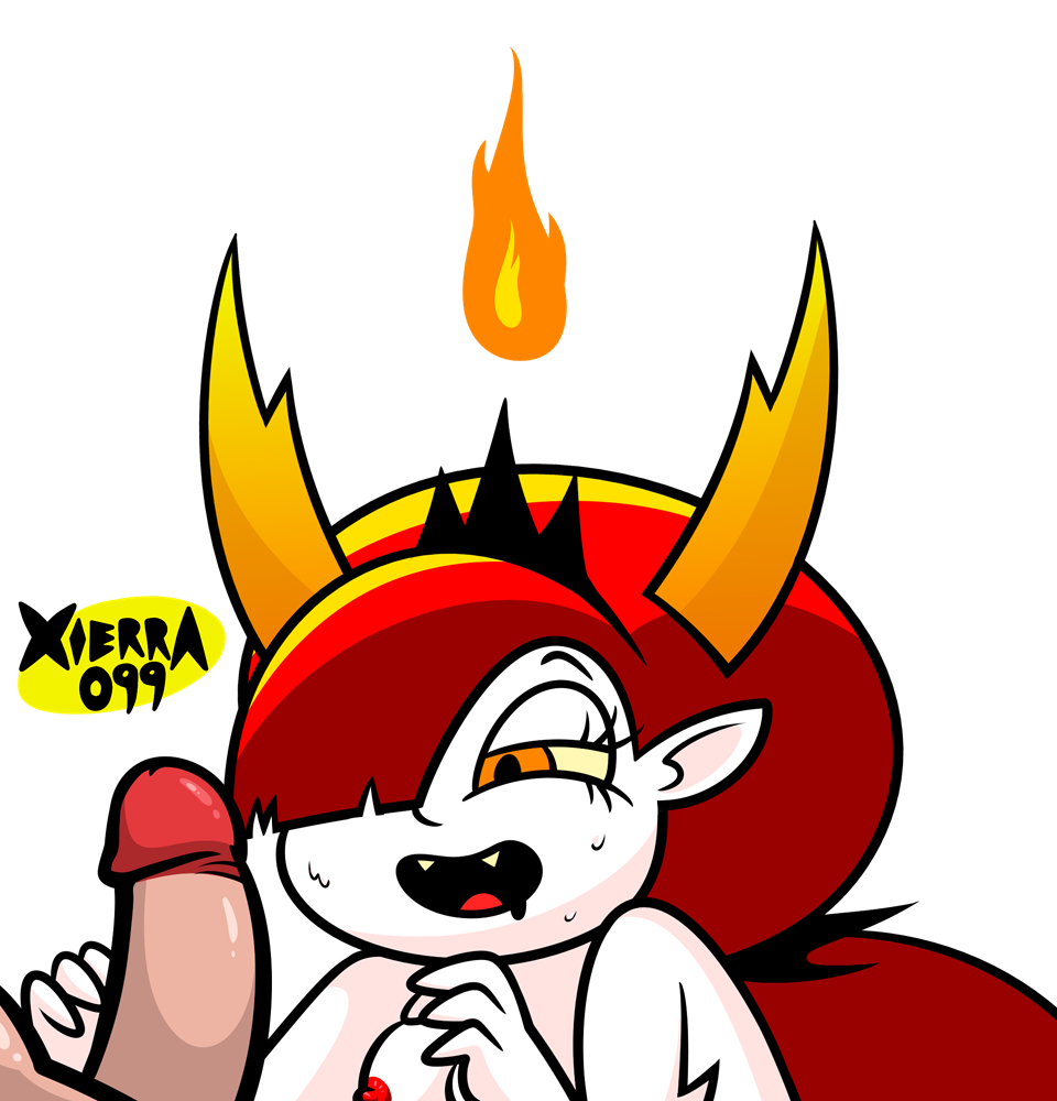 demon_girl demon_horns disney_xd eyelashes flame hekapoo large_ears naughty_smile nipple one_eye_covered open_mouth penis red_hair star_vs_the_forces_of_evil sweat transparent_background white_skin xierra099