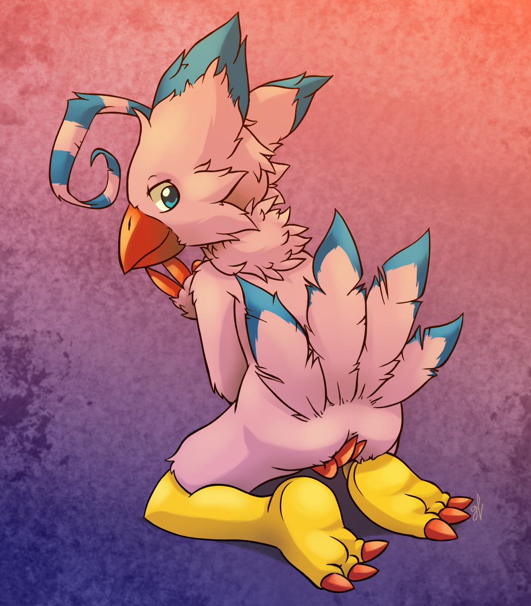 2017 anthro ass avian biyomon blue_eyes blue_feathers conditional_dnp digimon feathers female grumpyvulpix kneeling masturbation nude pink_feathers simple_background solo