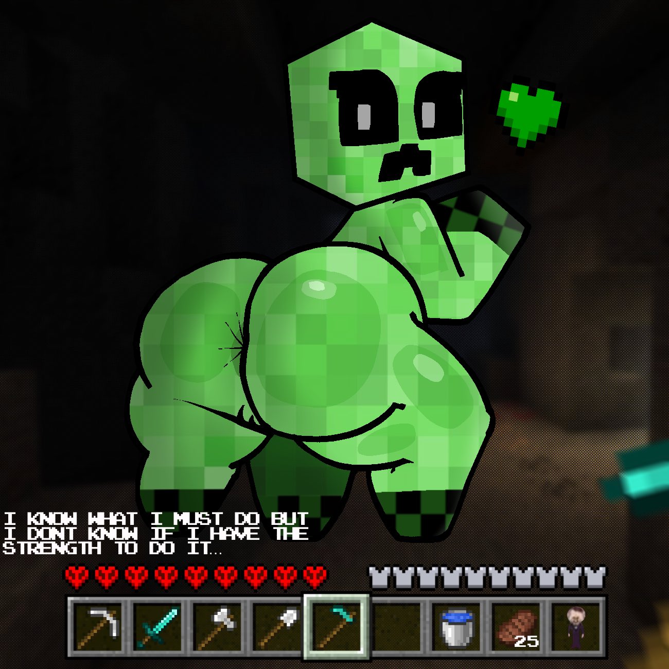 1:1, 1girls, 2024, adult swim, anal, anal invitation, anal suggest, anthro, anus, anus peek, ass, ass focus, big ass, big butt, black sclera, bubble ass, bubble butt, cave, creeper, creeper (minecraft), dialog, digital drawing (artwork), digital media (artwork), english text, fat ass, female, female only, first person view, genitals, green body, green skin, heart, heart symbol, hi res, hoe, holding hoe, holding object, holding tool, huge ass, lewdewott, looking at viewer, looking back, looking back at viewer, meme reference, microsoft, minecraft, mojang, monster, monster girl, mr. boss, mr. boss (smiling friends), on all fours, pixelated, pov, pussy, pussy peek, smiling friends, smooth skin, solo, solo female, square head, standing, text, thick thighs, tools, unseen character, video game, wide hips, xbox game studios