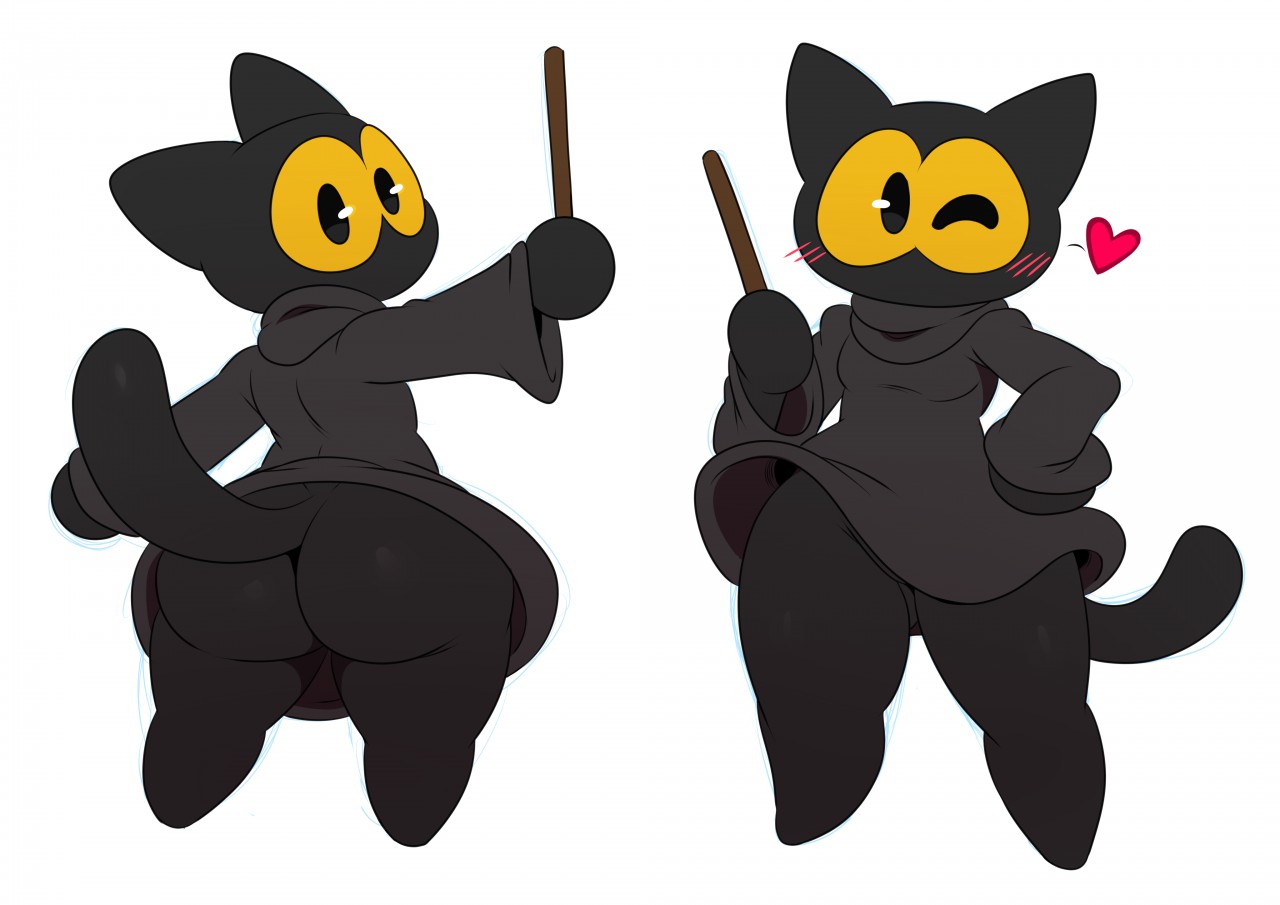 2017, anthro, ass, barefoot, big ass, big butt, blush, bottomless, bubble ass, bubble butt, clothed, clothing, cute, feline, female, google, google doodle, halloween, heart, holidays, looking at viewer, looking back, magic cat academy, mammal, momo (google), mostly nude, one eye closed, presenting, presenting hindquarters, shortstack, simple background, solo, sssonic2, standing, stick, thick thighs, wand, white background, wink