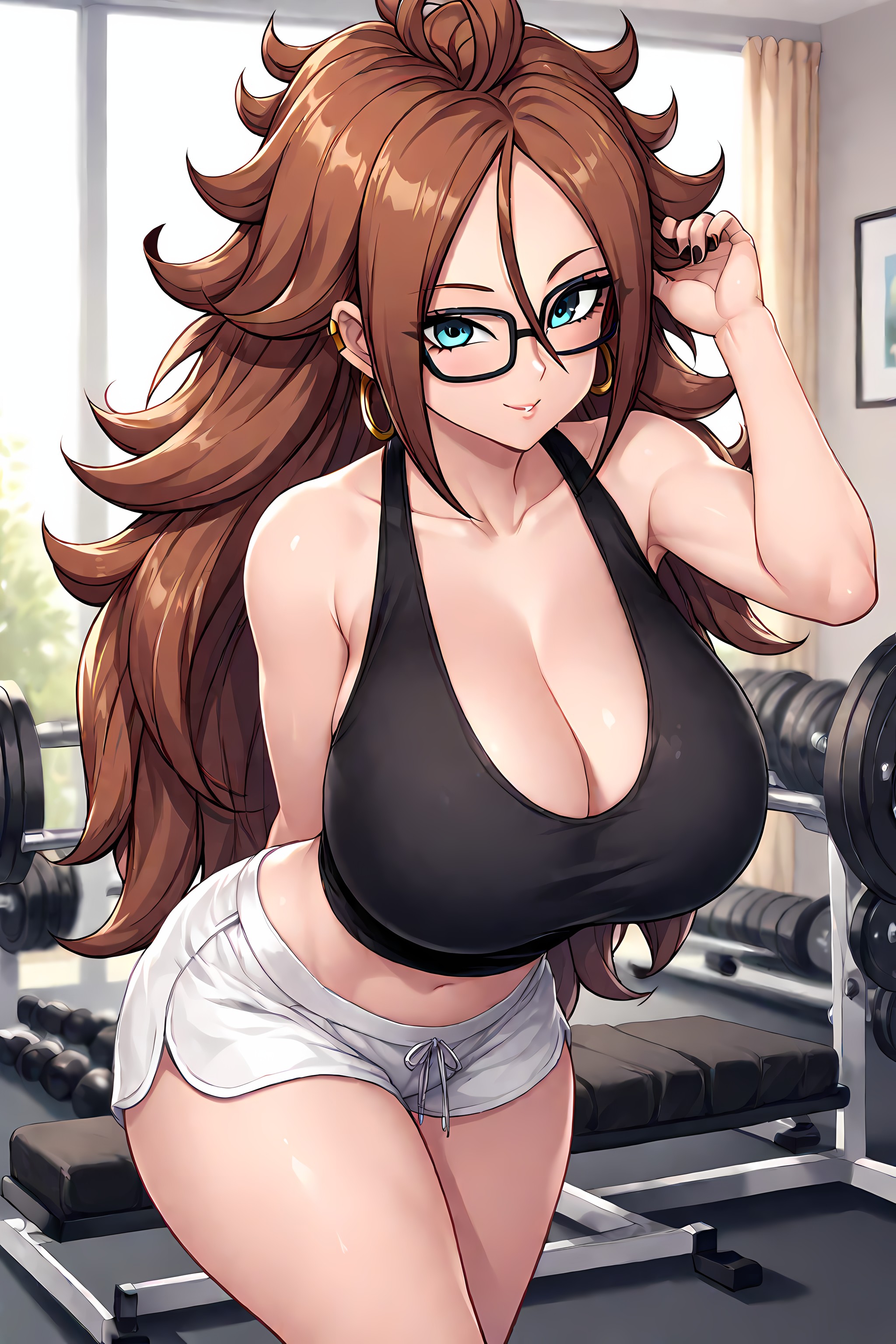 ai generated, android 21, black nails, blue eyes, breasts, brown hair, crop top, dragon ball, earrings, evodubeai, female, glasses, huge breasts, long hair, mommy, shorts, thick thighs, workout, workout clothes