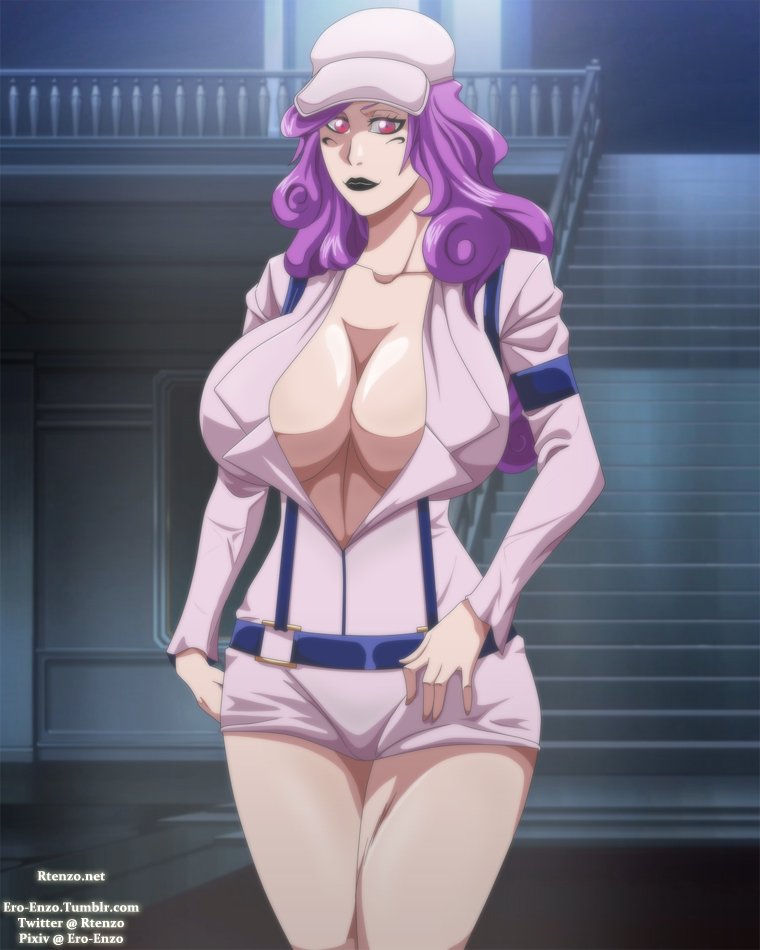 bleach, bleach: the thousand-year blood war, breasts, ero-enzo, female, hikifune kirio, huge breasts, lipstick, presenting, purple hair, thick thighs, uniform, voluptuous, wide hips