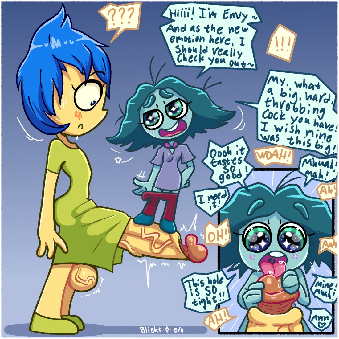 1futa, 1girls, balls, big balls, big penis, blightstar, blue hair, blush, clothed, clothed female, clothed futa, clothing, cock worship, dialogue, english text, envy (inside out), erection, female, futa on female, futa/female, futanari, gradient background, green body, green eyes, green skin, hands on penis, huge balls, huge cock, huge testicles, imminent sex, inside out, intersex, joy (inside out), licking, licking penis, looking at penis, nude, nude female, open mouth, penis, penis awe, penis envy, pov, pov futa, short hair, shortstack, size difference, speech bubble, standing on penis, star-shaped pupils, surprised, symbol-shaped pupils, testicles, text, tongue, tongue out, uncensored, ure, vein, veins, veiny, veiny balls, veiny penis, yellow body, yellow skin