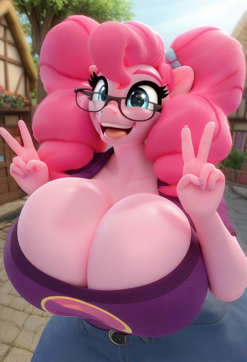 ai generated, alternate hairstyle, anthro, bimbo, breasts, female, friendship is magic, gigantic breasts, glasses, gooner dimension, huge breasts, my little pony, nerd, peace sign, pink hair, pink skin, pinkie pie (mlp)