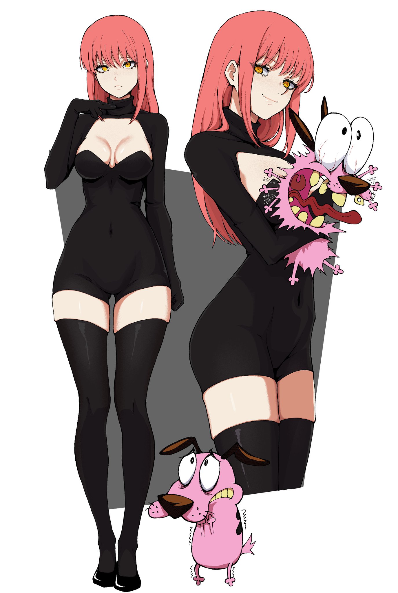 2d, canid, canine, canis, chainsaw man, courage the cowardly dog, courage the cowardly dog (character), crossover, domestic dog, female, kekel, long hair, looking at viewer, makima (chainsaw man), male, red hair, smiling, tagme, thick thighs