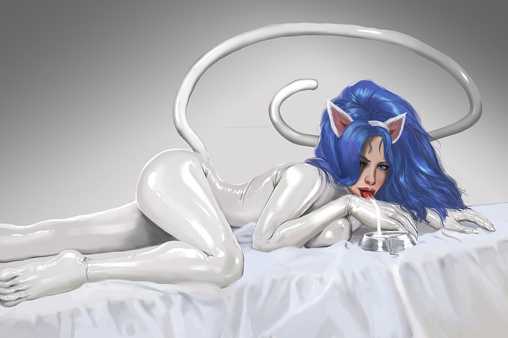 absurdres all_fours ass blue_eyes blue_hair bodysuit breast_press breasts capcom clothing cum cum_drinking cum_drip cum_in_container cum_in_mouth darkstalkers excessive_cum felicia_(darkstalkers) female female_only kaihlan latex milk shiny small_breasts solo tail white_legwear