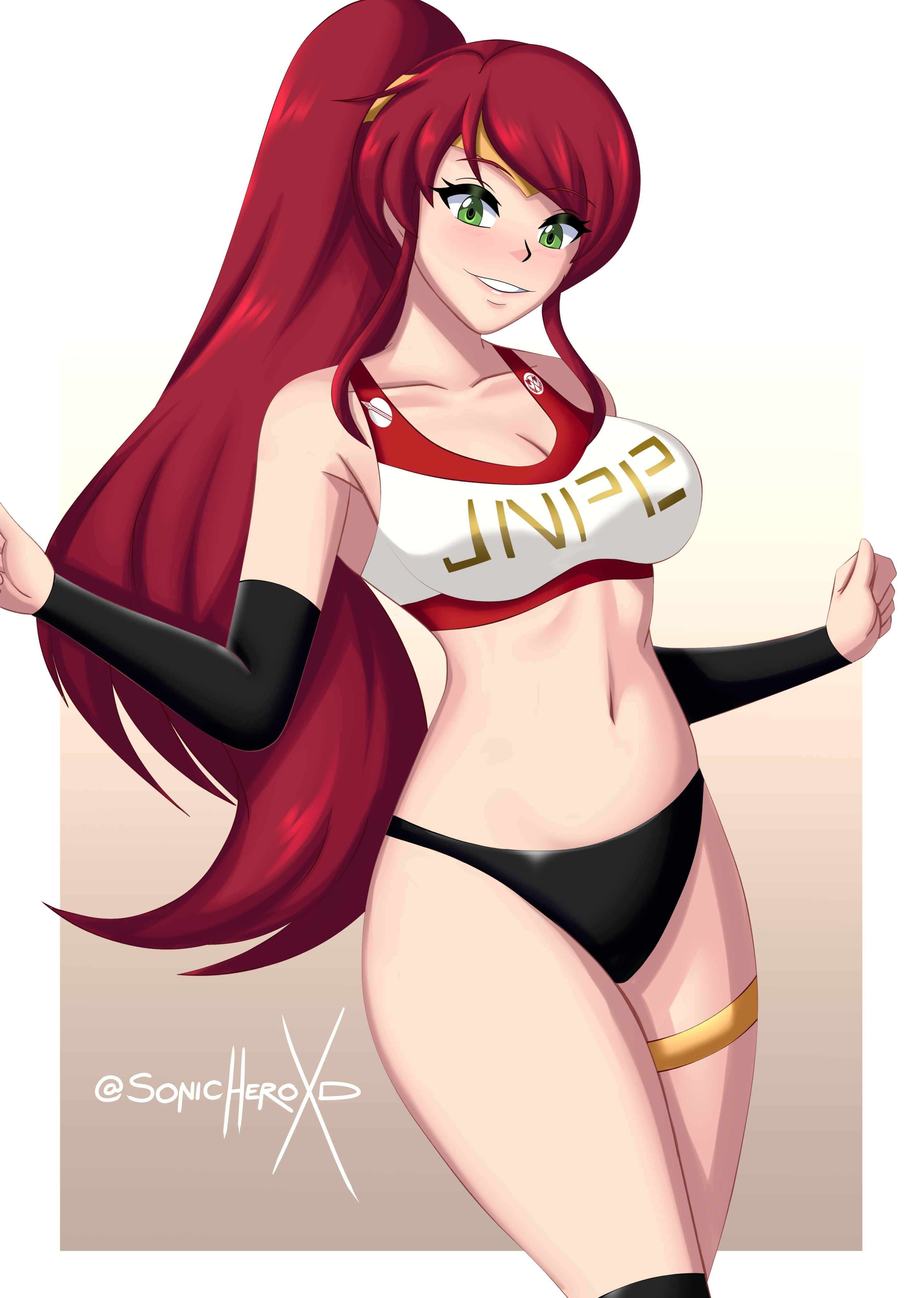 1girls, female, green eyes, gym uniform, pyrrha nikos, rwby, sonicheroxd