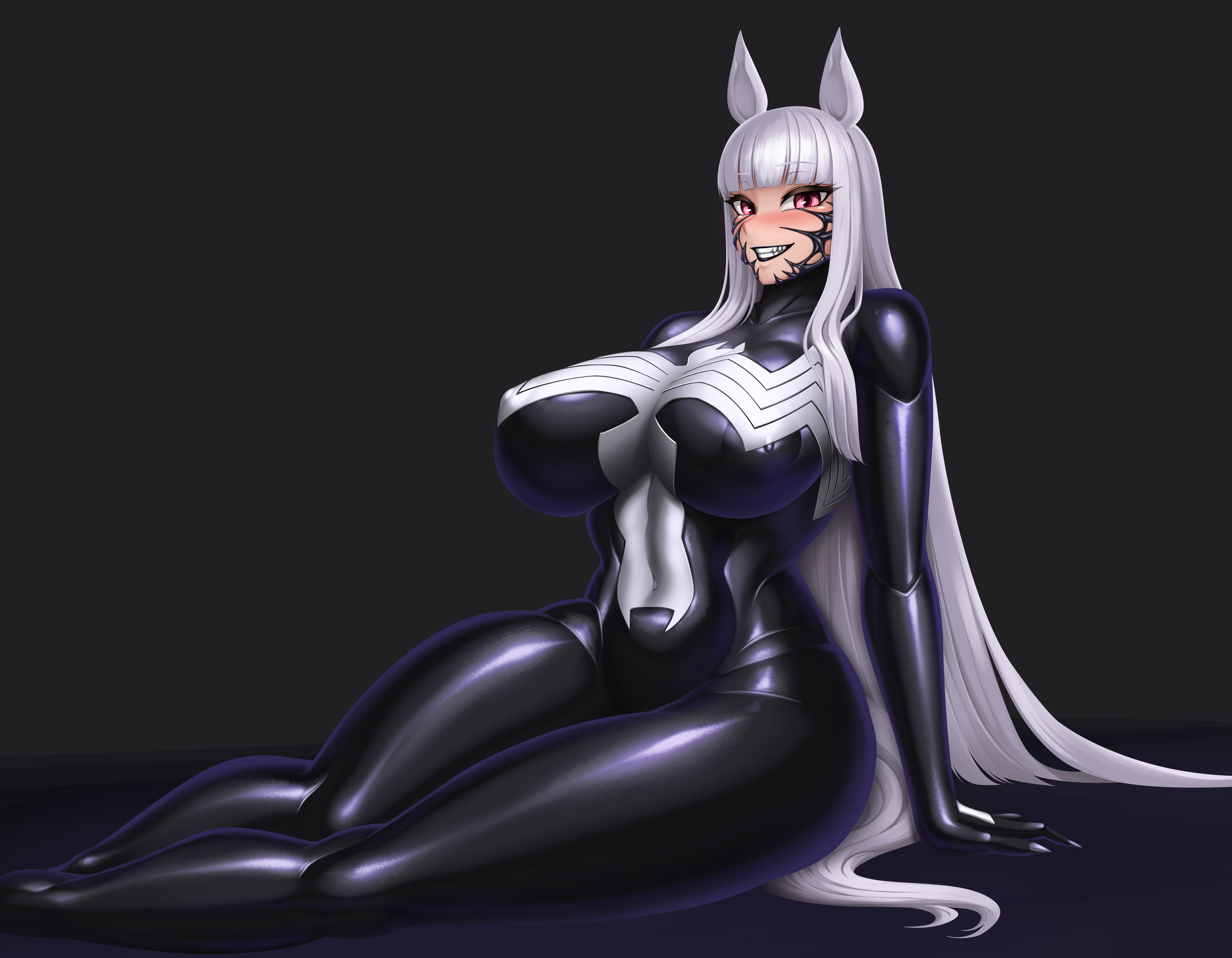 1girls, bodysuit, crossover, female, gold ship (umamusume), latex, living clothes, lying, marvel, marvel comics, rikatsuky, she-venom, skin tight, smile, symbiote, umamusume, umamusume pretty derby