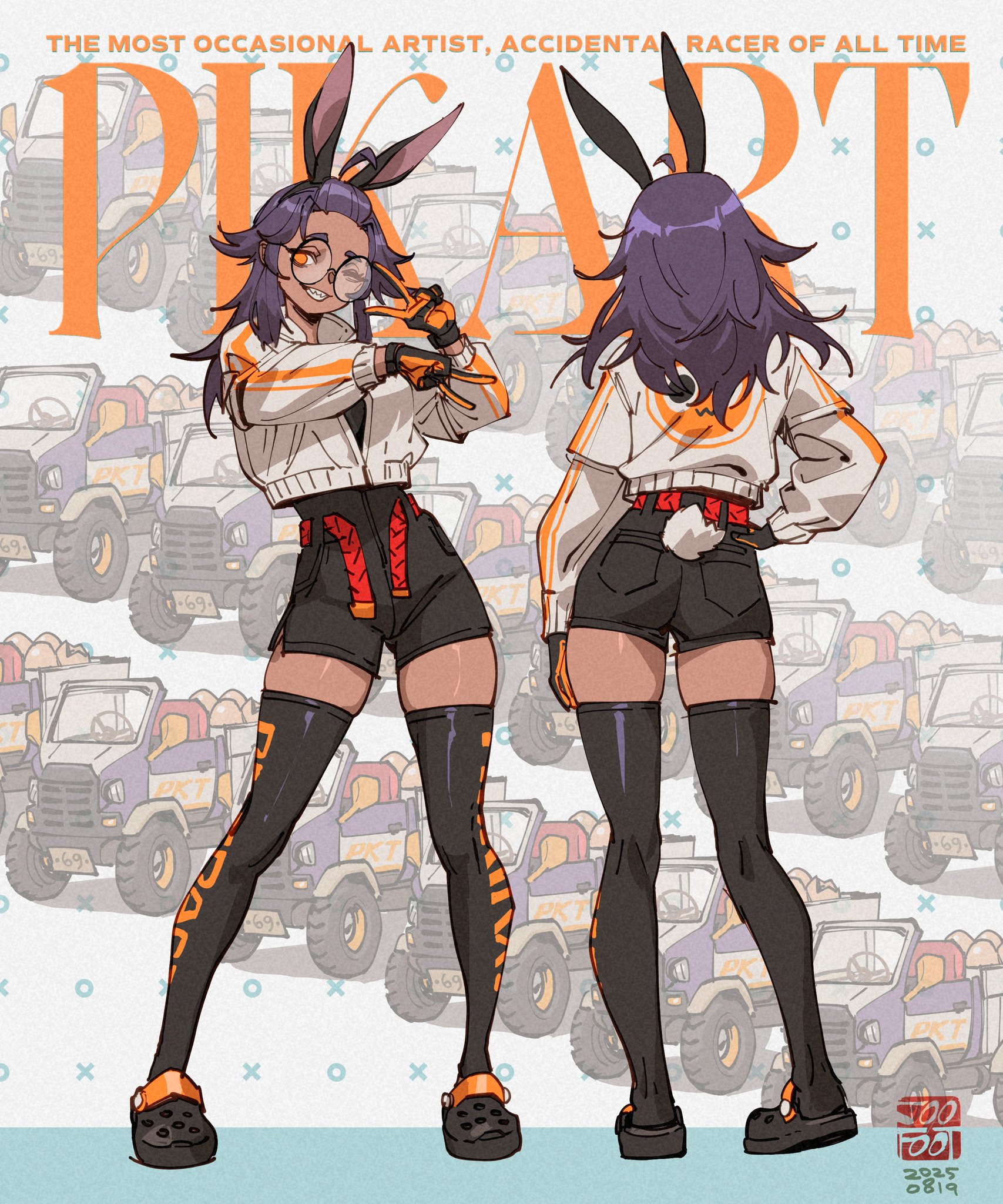 1girls, artist girl, biker clothes, biker girl, crocs, fashion, fashion model, female, glasses, hair antennae, hair ornament, indie virtual youtuber, nerd, pikat, pikat (character), purple hair, sharp teeth, shorts, smiling, standing, thick ass, thick thighs, thigh highs, twitch, twitter link, virtual youtuber, yellow eyes, youtube