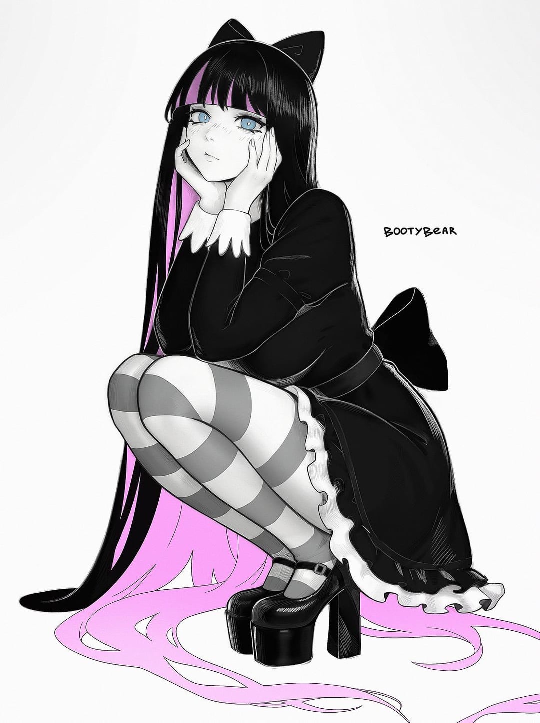 1girls, artist name, black hair, blue eyes, bootybear, bow in hair, female, female focus, female only, goth, goth girl, gothic girl, long hair, not porn, panty & stocking with garterbelt, pink hair, sfw, solo, solo female, solo focus, stocking anarchy, tagme, two-tone hair, very long hair