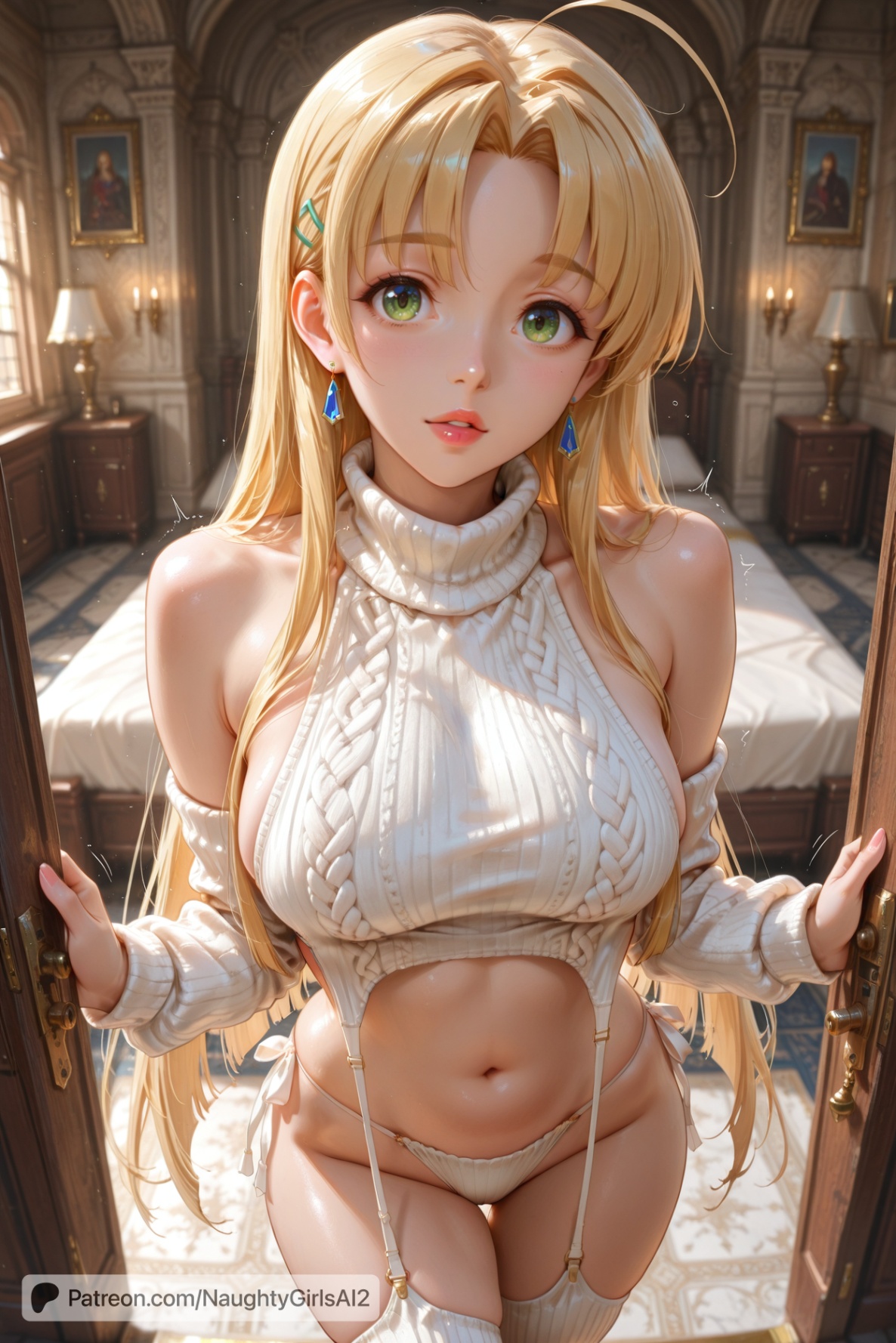 1girls, ahoge, ai generated, asia argento, bangs, blonde hair, breasts, curta, female, green eyes, high school dxd, long hair, medium breasts, naughtygirlsai, parted bangs