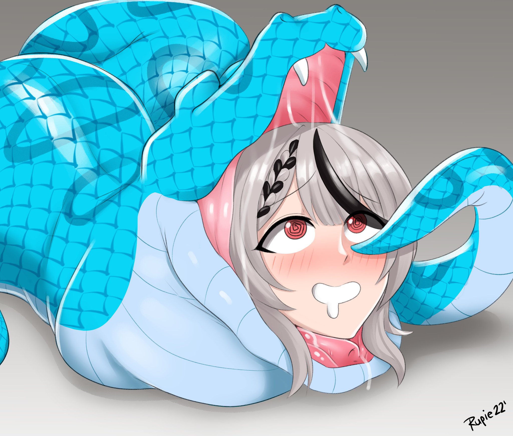 @ @, 1girls, black hair, blush, blushing, braid, braided hair, eaten alive, eating, fangs, female, female prey, giant snake, gray hair, grey hair, head only, hi res, highres, hololive, hololive japan, red eyes, rupie (artist), sakamata chloe, saliva, saliva drip, saliva string, snake vore, spiral eyes, swallowed whole, swallowing, two-tone hair, virtual youtuber, vore