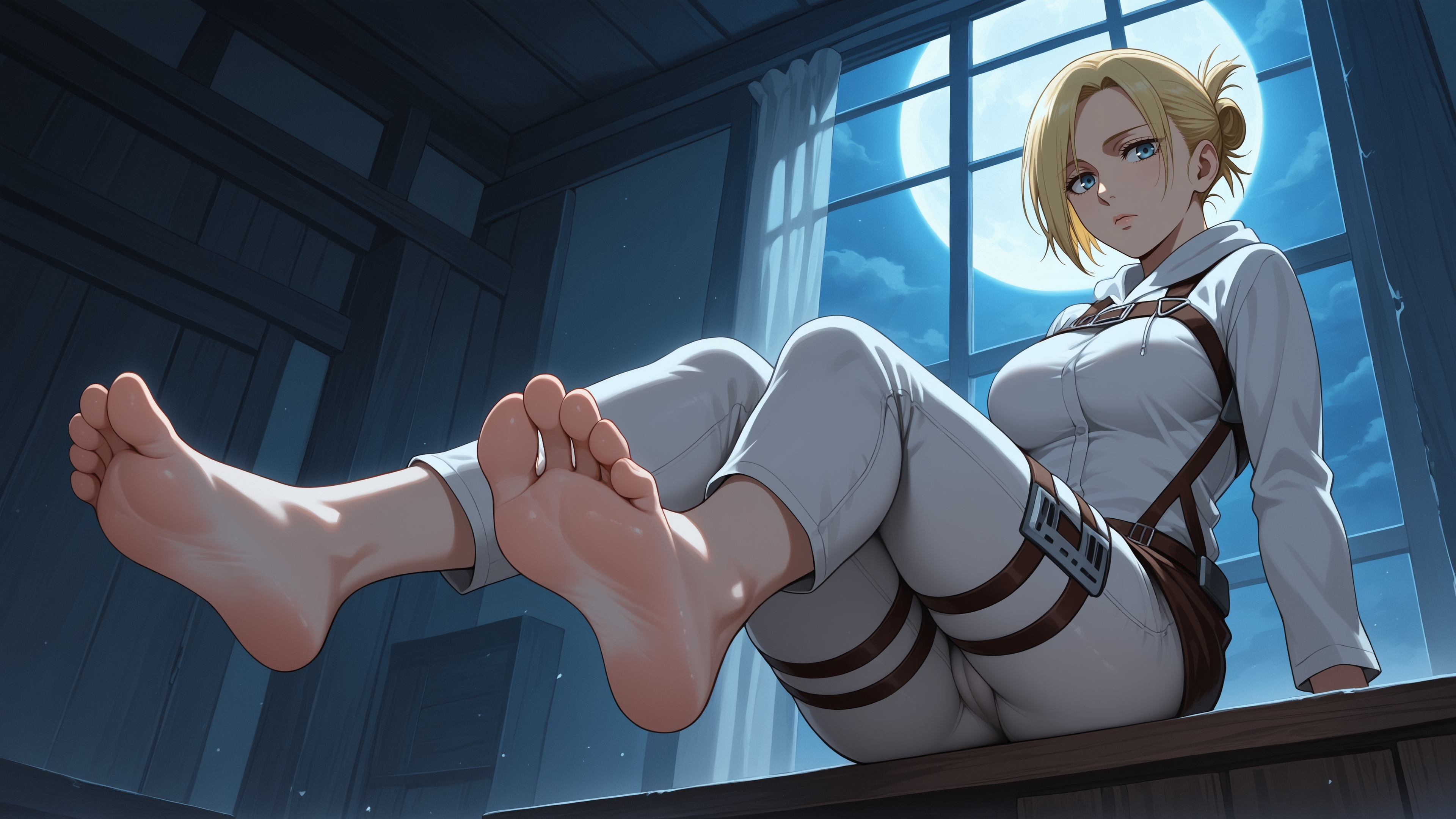 ai generated, annie leonhardt, arm support, barefoot, belt, blonde hair, blue eyes, breasts, erosaga, feet, female, folded ponytail, foot focus, foreshortening, hair bun, indoors, looking at viewer, night, pants, shingeki no kyojin, short hair, sitting, soles, solo, thigh strap, tied hair, toes, window