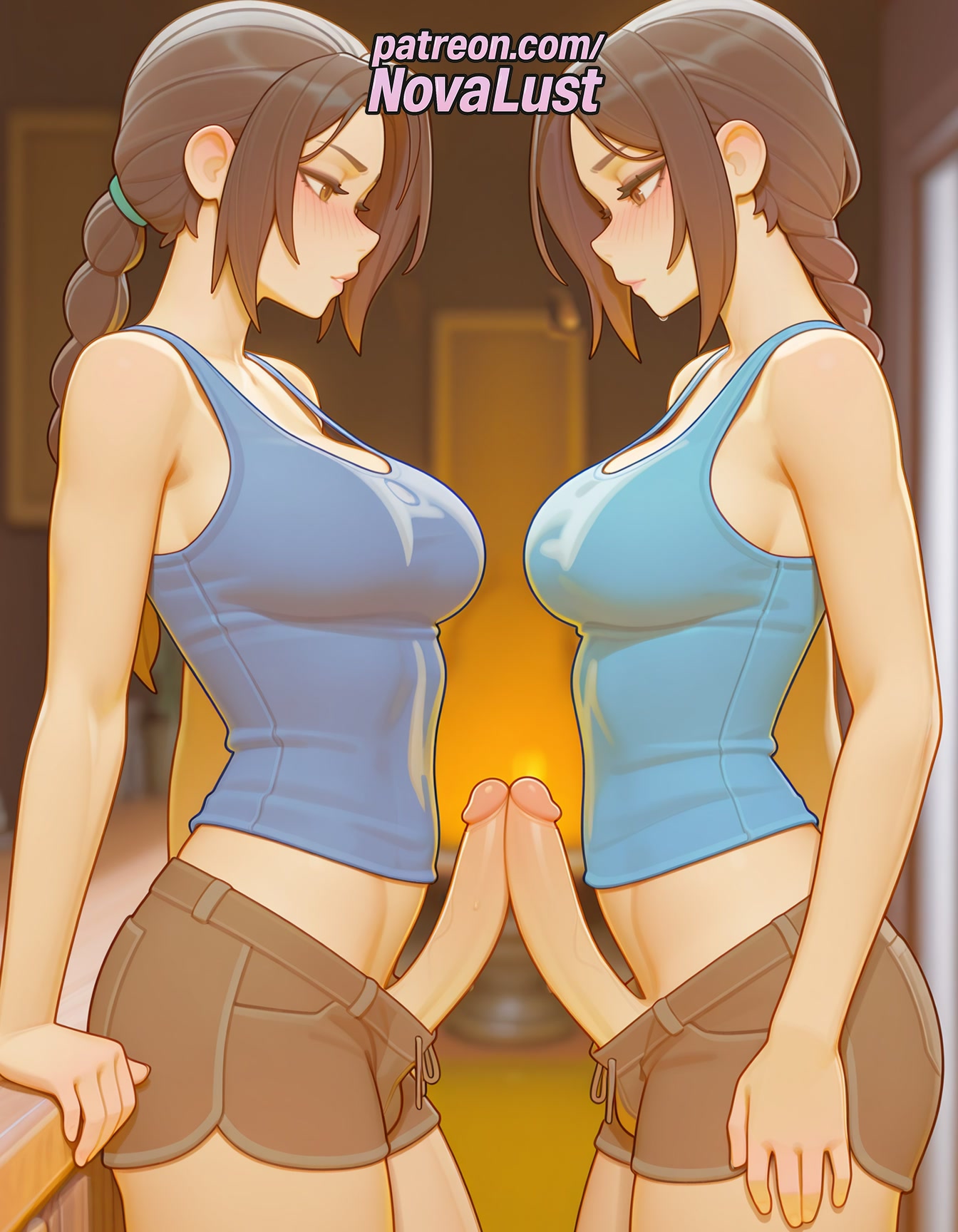 2025, 2futas, ai generated, artist name, balls, big breasts, big chest, blush, braid, braided ponytail, breasts, brown hair, bust, busty, chest, cock, dick, erection, foreskin, futa on futa, futanari, hair over shoulder, hi res, high quality, high resolution, highres, intersex, lara croft, large breasts, large penis, long hair, multiple girls, novalust, patreon, patreon username, penis, ponytail, selfcest, short shorts, shorts, single braid, stable diffusion, tank top, testicles, tomb raider, uncensored, uncircumcised, veiny penis, watermark
