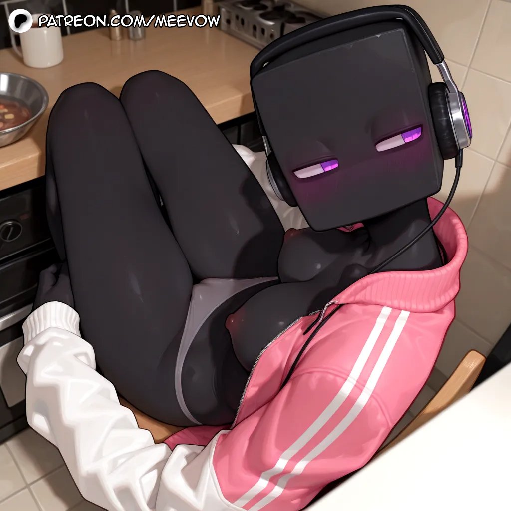 1girls, ai generated, areola, averting eyes, black skin, blush, bowl, breasts, colored skin, enderman, enderwoman, female, headphones, indoors, jacket, letterman jacket, long sleeves, looking to the side, medium breasts, meevow, minecraft, nipples, no pants, on chair, open clothes, open jacket, panties, pink jacket, purple eyes, pussy, sideways glance, sitting, solo, striped jacket, tile floor, tile wall, tiles, track jacket, underwear, vagina, vulva, web address, white jacket, white panties