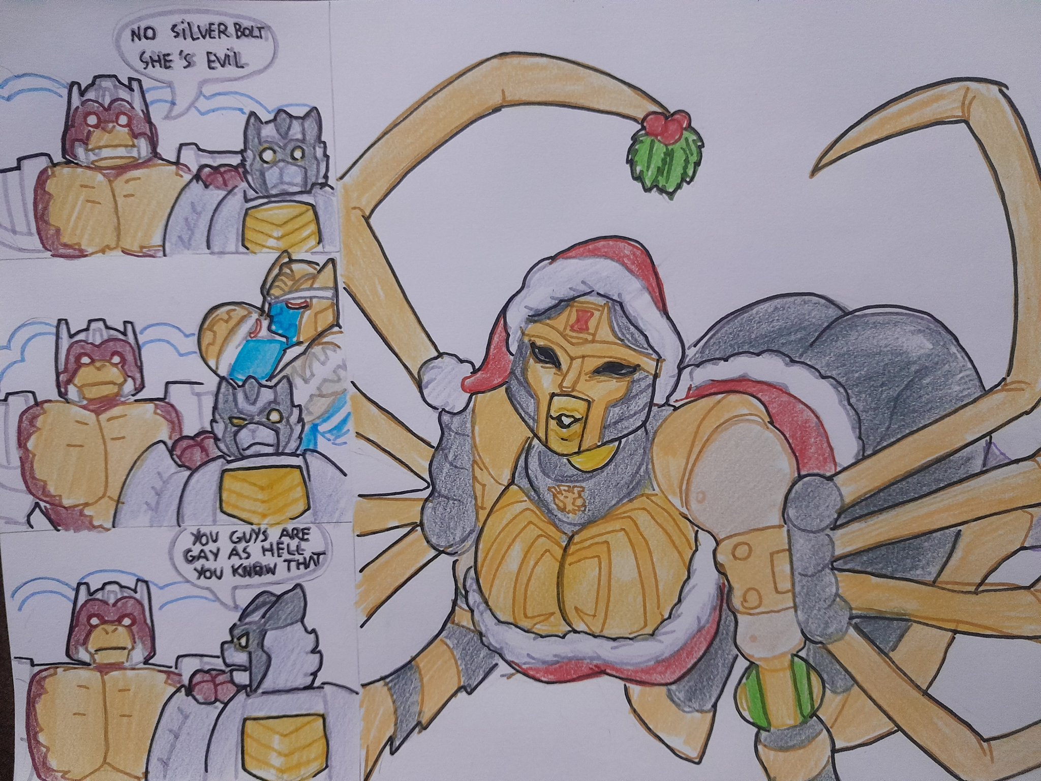1girls, arthropod limbs, ass, beast wars, big breasts, black eyes, blackarachnia, breasts, churino6, cleavage, dialogue, dinobot (beast wars), english text, female, kissing, male, male/male, multiple boys, multiple males, optimus primal, rattrap, robot, robot girl, robot humanoid, silverbolt, text, transformers
