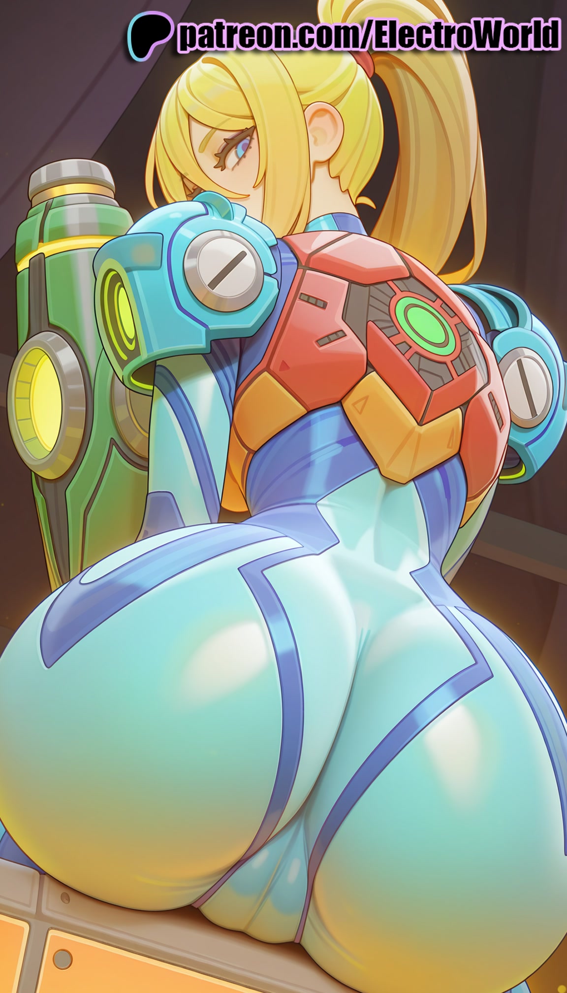 1girls, 2025, ai generated, artist name, ass, ass focus, blonde hair, blue eyes, electroworld, female, hi res, high quality, high resolution, highres, long hair, metroid, patreon, patreon username, ponytail, samus aran, solo, stable diffusion, watermark