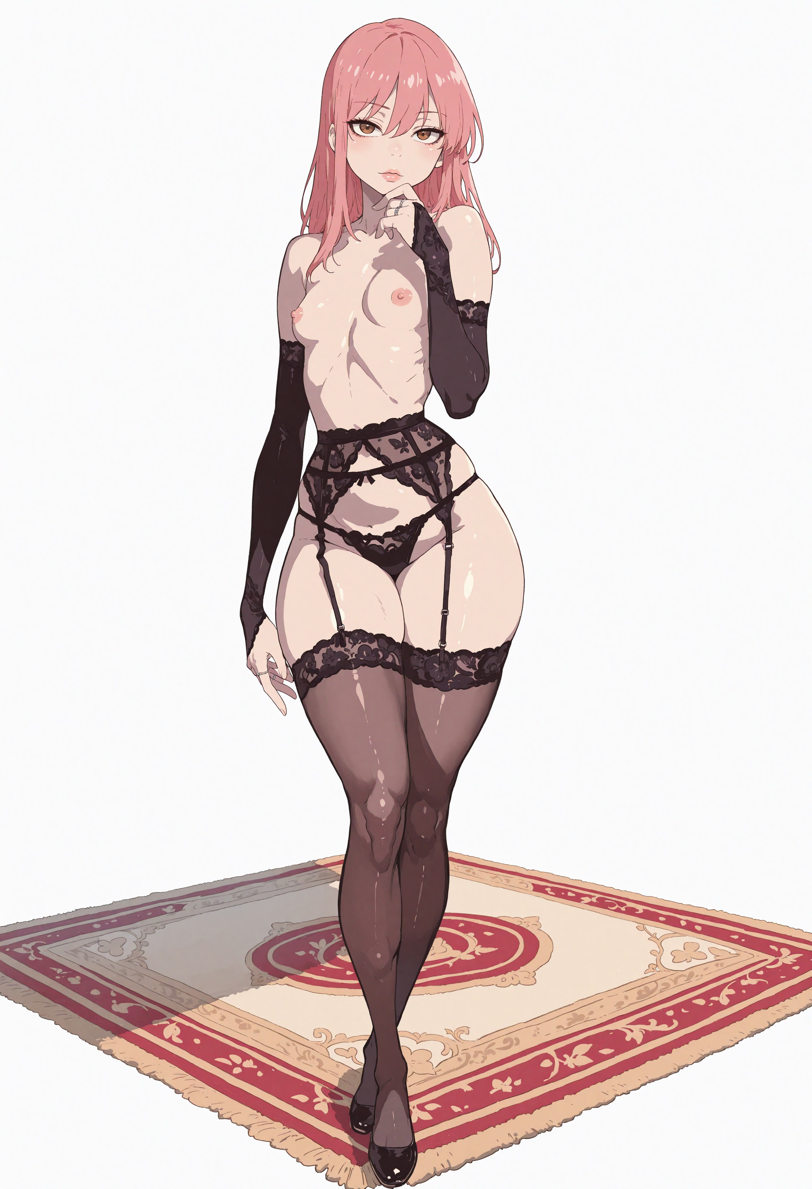 ai generated, bedroom eyes, black gloves, black legwear, black lingerie, black panties, breasts, bridal gauntlets, brown eyes, carpet, civitai, czero2011, female, female only, garter belt, garter straps, human, jewelry, kobayashi, kobayashi-san chi no maidragon, long hair, makeup, mature female, miss kobayashi's dragon maid, muscular, muscular thighs, panties, partially clothed, partially clothed female, partially nude, petite, petite body, petite female, pink hair, plump lips, rings, sexy pose, shoes, simple background, skinny, skinny female, skinny waist, small breasts, solo, solo female, solo focus, standing, stockings, thin female, thin waist, toned body, toned female, wide hips