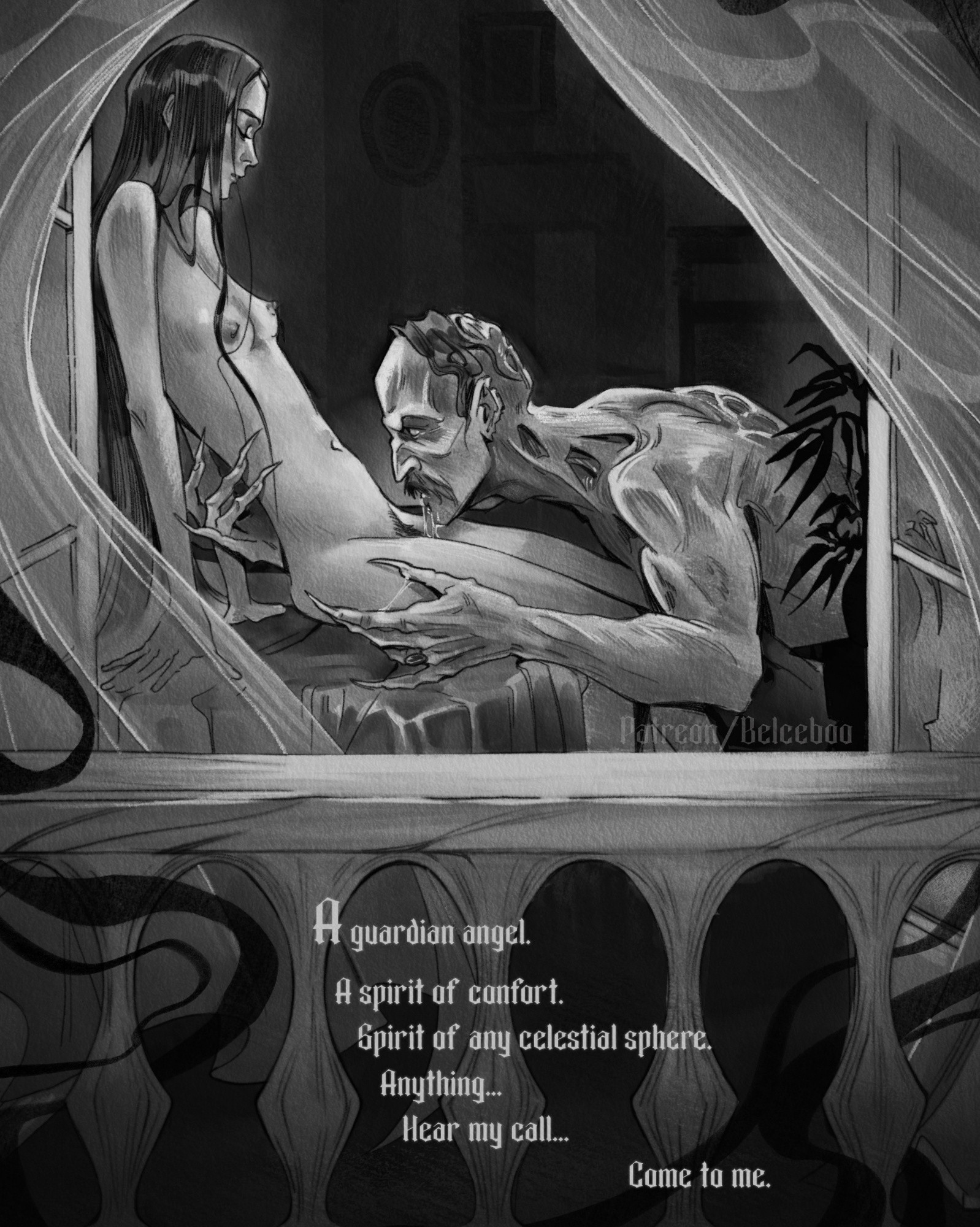 1boy, 1girls, 2d, balcony, bald, bald male, belceboo, black and white, breasts, breasts out, clawed fingers, claws, count orlok, cunnilingus, digital drawing (artwork), digital media (artwork), ellen hutter, english, english text, exposed breasts, female pubic hair, horror, horror (theme), long hair, male, male and female focus, medium breasts, monster, monster on female, monsterfucker, moustache, nipples, nosferatu, nosferatu (2024), pubic hair, small breasts, straight, text, tiny breasts, vampire