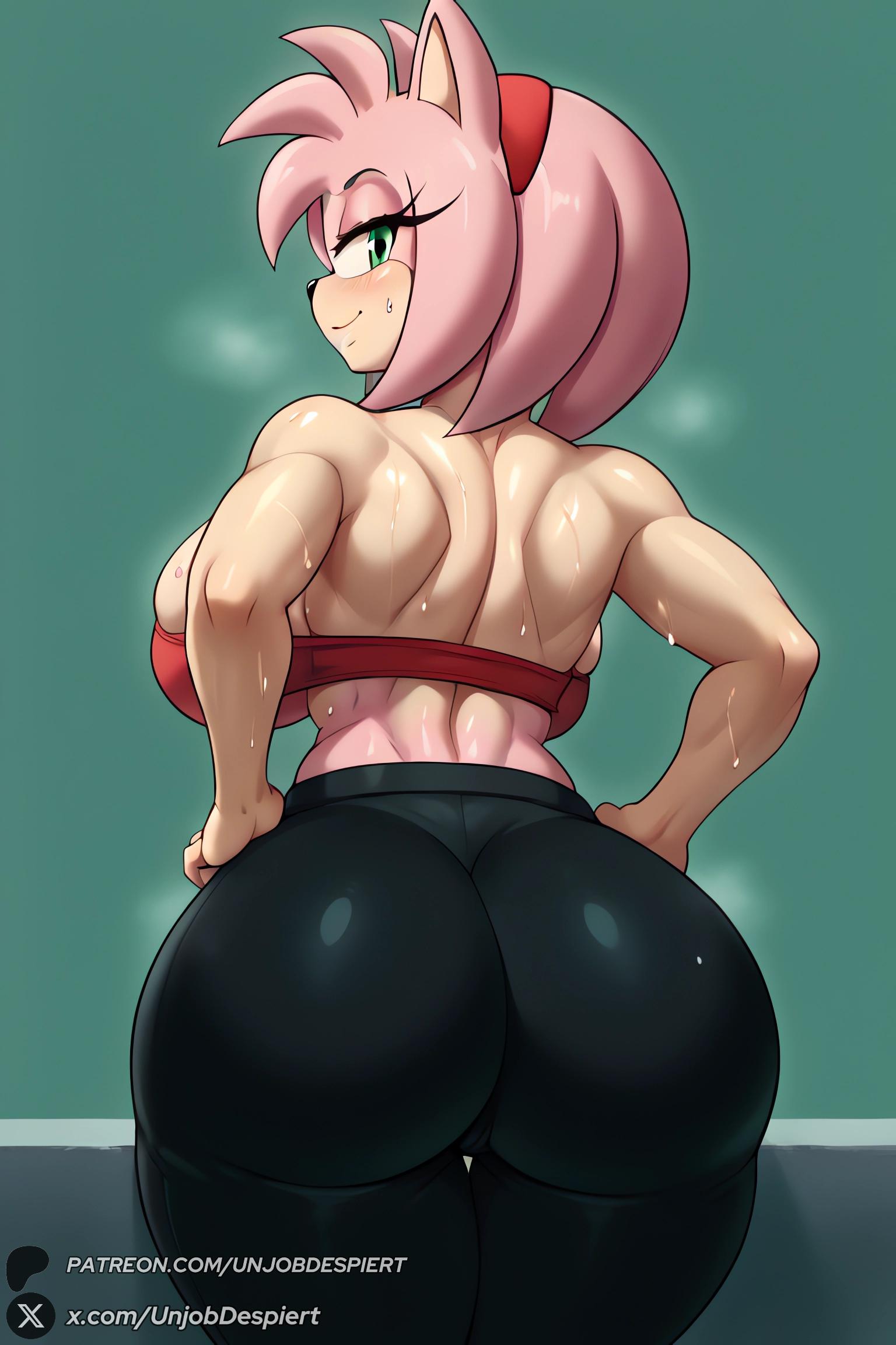 1girls, 2025, ai generated, alternate breast size, amy rose, animal ears, artist name, ass, back, backboob, bare shoulders, big ass, big breasts, black pants, blush, breasts, curvy, female, female only, from behind, furry, furry female, green eyes, hairband, hands on hips, hi res, high quality, high resolution, highres, huge ass, huge breasts, large breasts, looking at viewer, looking back, muscular, muscular female, pants, patreon, patreon username, pink hair, red hairband, sega, shiny, shiny skin, short hair, sideboob, smile, solo, sonic (series), sonic the hedgehog (series), sports bra, sweat, thick thighs, tight, unjobdespiert, watermark, wide hips, yoga pants