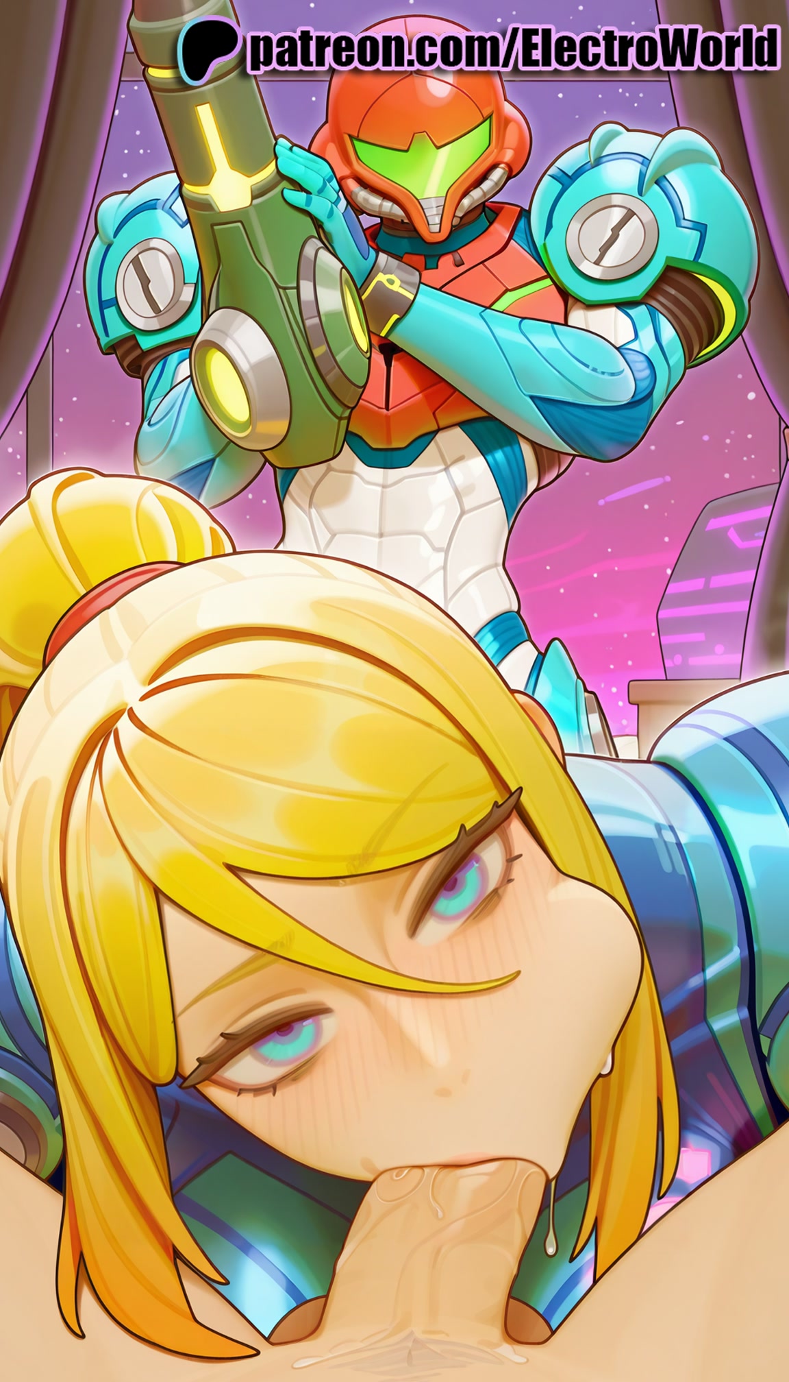 1boy, 1girls, 2025, ai generated, artist name, blonde hair, blowjob, blowjob face, blue eyes, cock, dick, electroworld, fellatio, female, hi res, high quality, high resolution, highres, licking, male, metroid, oral, oral sex, patreon, patreon username, penis, samus aran, stable diffusion, straight, sucking, uncensored, watermark