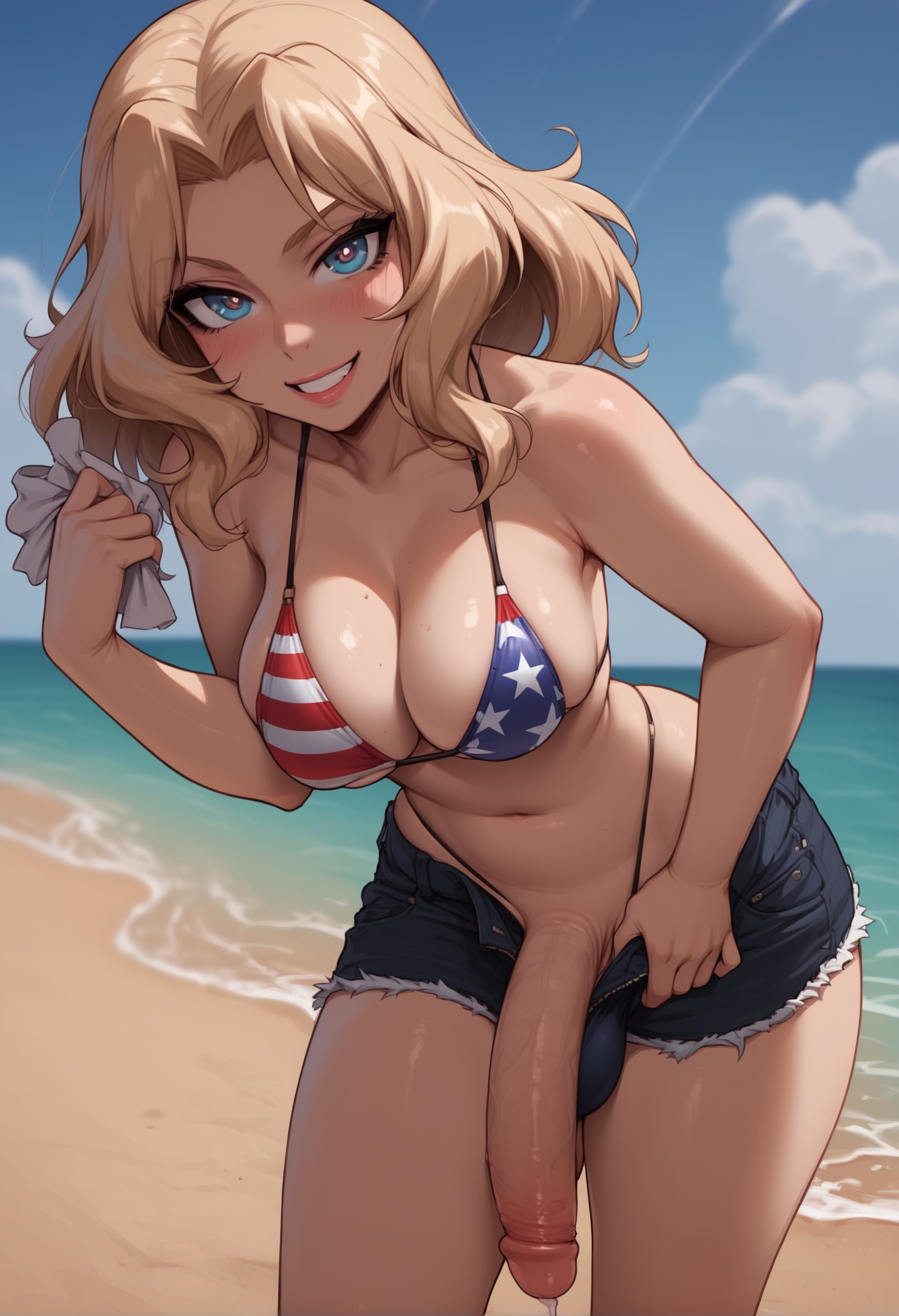 1futa, 1futanari, absurdly large cock, ai generated, ass, big ass, big breasts, big butt, big cock, big hips, big penis, bikini, bikini bottom, bikini top, blonde hair, blue eyes, breasts, cleavage, cock, denim shorts, dick, dickgirl, enormous cock, enormous penis, eyebrows, eyelashes, futa, futa cock, futa milf, futa mommy, futa only, futanari, gigantic cock, gigantic penis, girls und panzer, grin, grinning, grinning at viewer, hair, hands-free, huge cock, hung, hyper, hyper cock, hyper penis, impossible fit, indoors, jacket, kay (girls und panzer), leather, leather clothing, leather jacket, lips, long hair, long penis, looking at viewer, makeup, mature, mature body, mature figure, mature futa, midriff, milf, mommy, narrow waist, narrowed eyes, navel, nose, penis, seducing, seductive, seductive eyes, seductive gaze, seductive look, seductive mouth, seductive pose, seductive smile, short shorts, shorts, smile, smile at viewer, smiley face, smooth balls, smooth penis, smooth skin, solo, solo dickgirl, solo focus, solo futa, solo futanari, testicles, thick, thick ass, thick thighs, thighs, veins, veiny, veiny penis, velonix, voluptuous, voluptuous futanari, wide hips