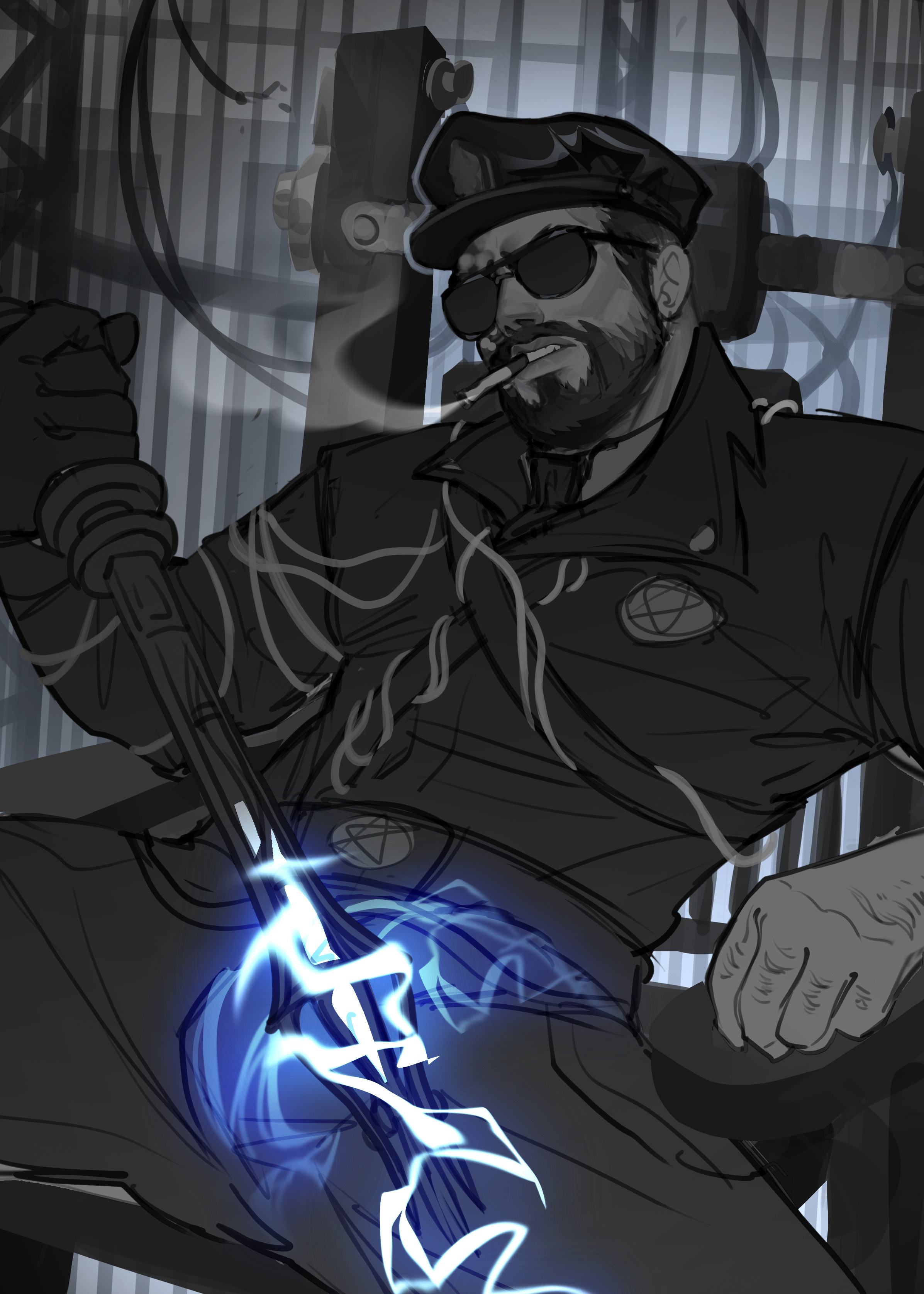 baton, baton (weapon), cigarette, cigarette in mouth, cop, electric shock, electricity, electricity play, leland coyle, male, male focus, male only, masturbation, masturbation through clothing, outlast, outlast trials, police, police officer, police uniform, shock baton, sole male, through clothes, through clothing