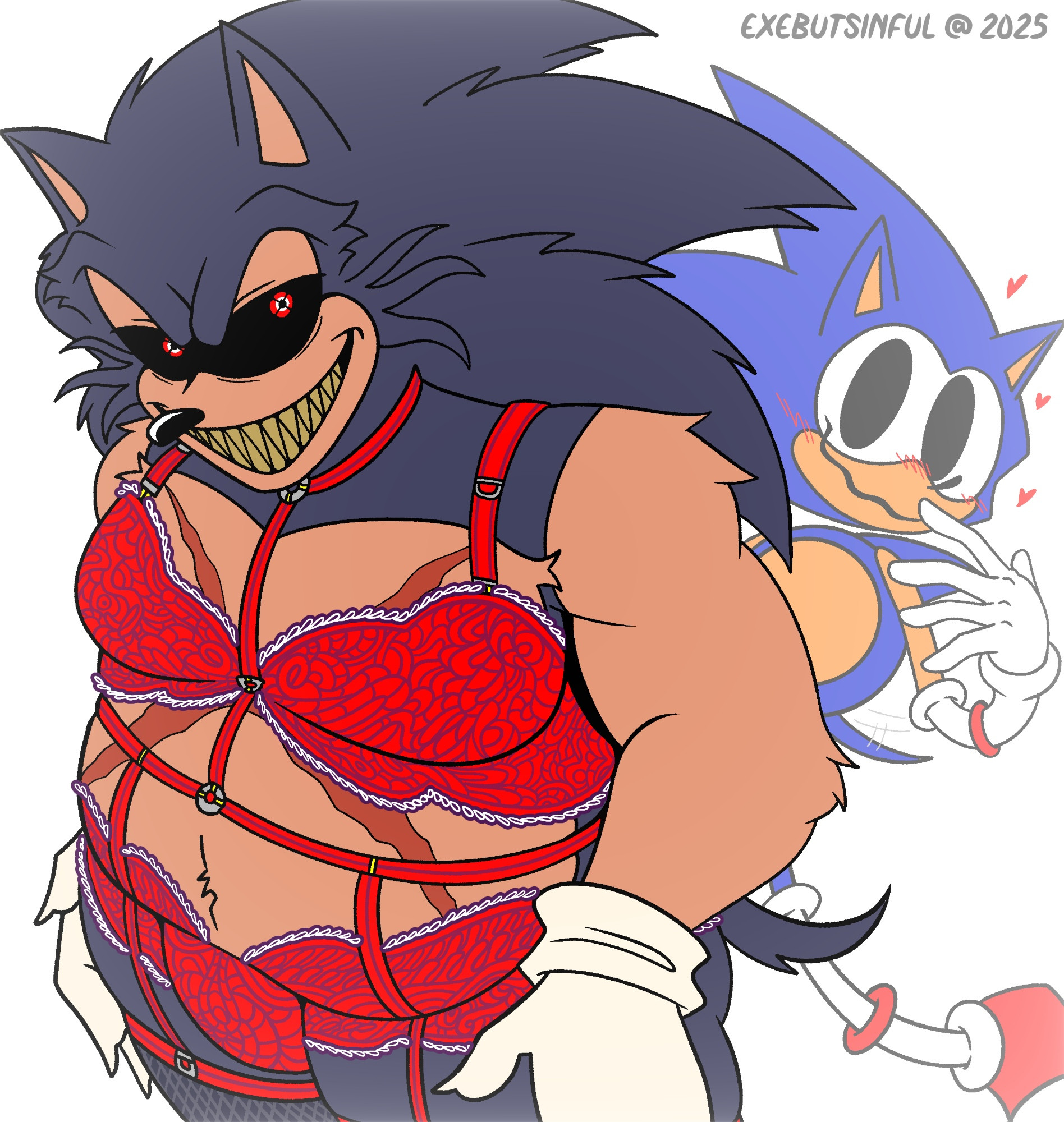 2boys, big pupils, blush, bra, bulge, bulge through clothing, chubby, chubby male, crossdressing, crossdressing male, eulipotyphlan, exebutsinful, fat, fat male, femboy, fishnet legwear, fishnet stockings, fishnet thighhighs, fishnets, garter belt, garter belt socks, garter straps, gloves, heart, hearts around head, hedgehog, laced bra, laced panties, laced underwear, lingerie, lingerie bra, lingerie only, lingerie panties, lord x, male, male only, overweight, overweight male, panties, rewrite (sonic.exe), scar, sega, shoes, smiling, smiling at viewer, socks, sonic (series), sonic the hedgehog (series), sonic.exe (series), tail, tail wagging, underwear