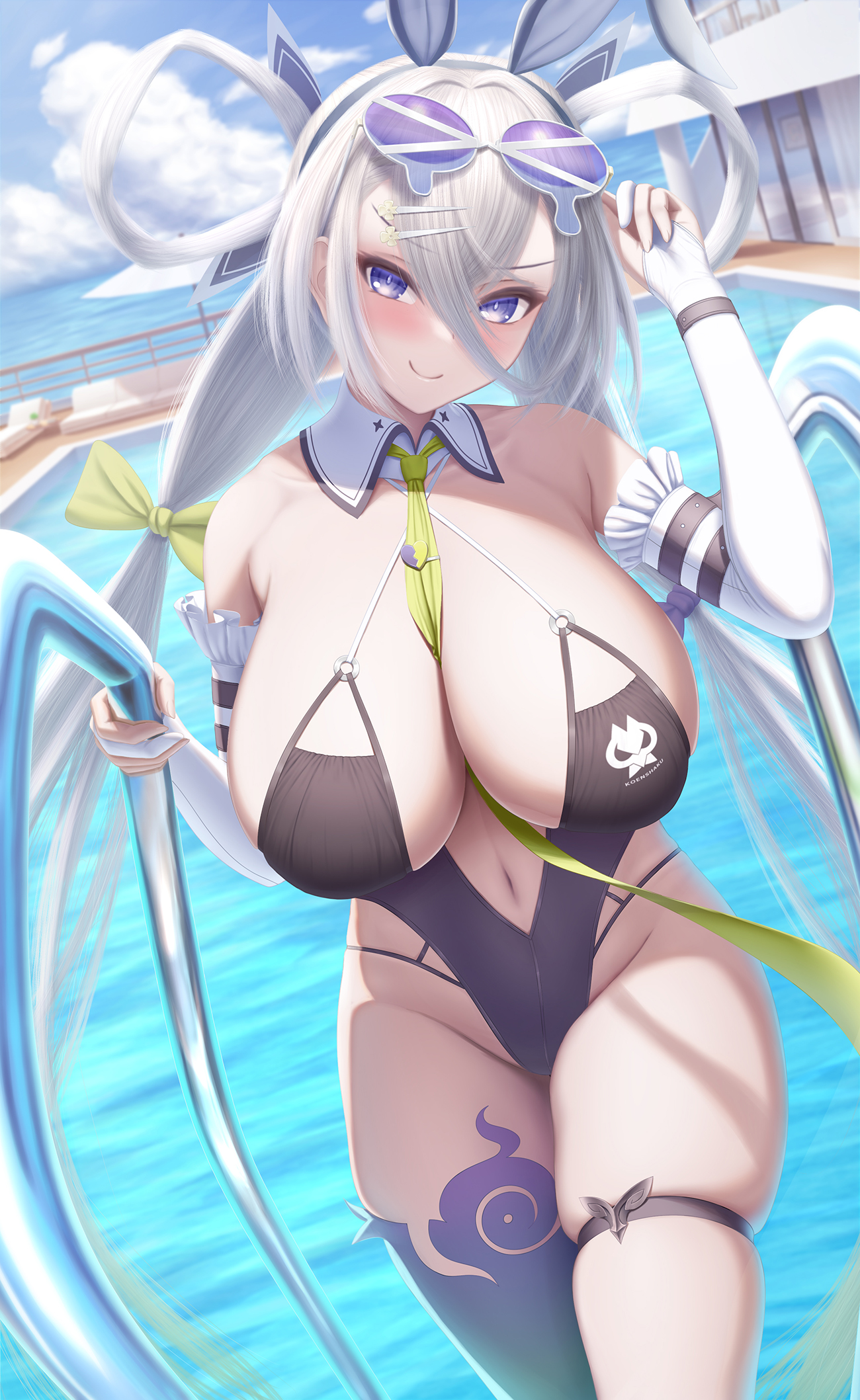 1girls, blush, breasts, cleavage, fake animal ears, fate (series), fate/grand order, female, female only, hairband, highleg, huge breasts, huyan zhuo (fate), huyan zhuo (swimsuit berserker) (fate), large breasts, light-skinned female, long hair, masatoki, navel, one-piece swimsuit, plunging neckline, purple eyes, silver hair, smile, solo, swimsuit