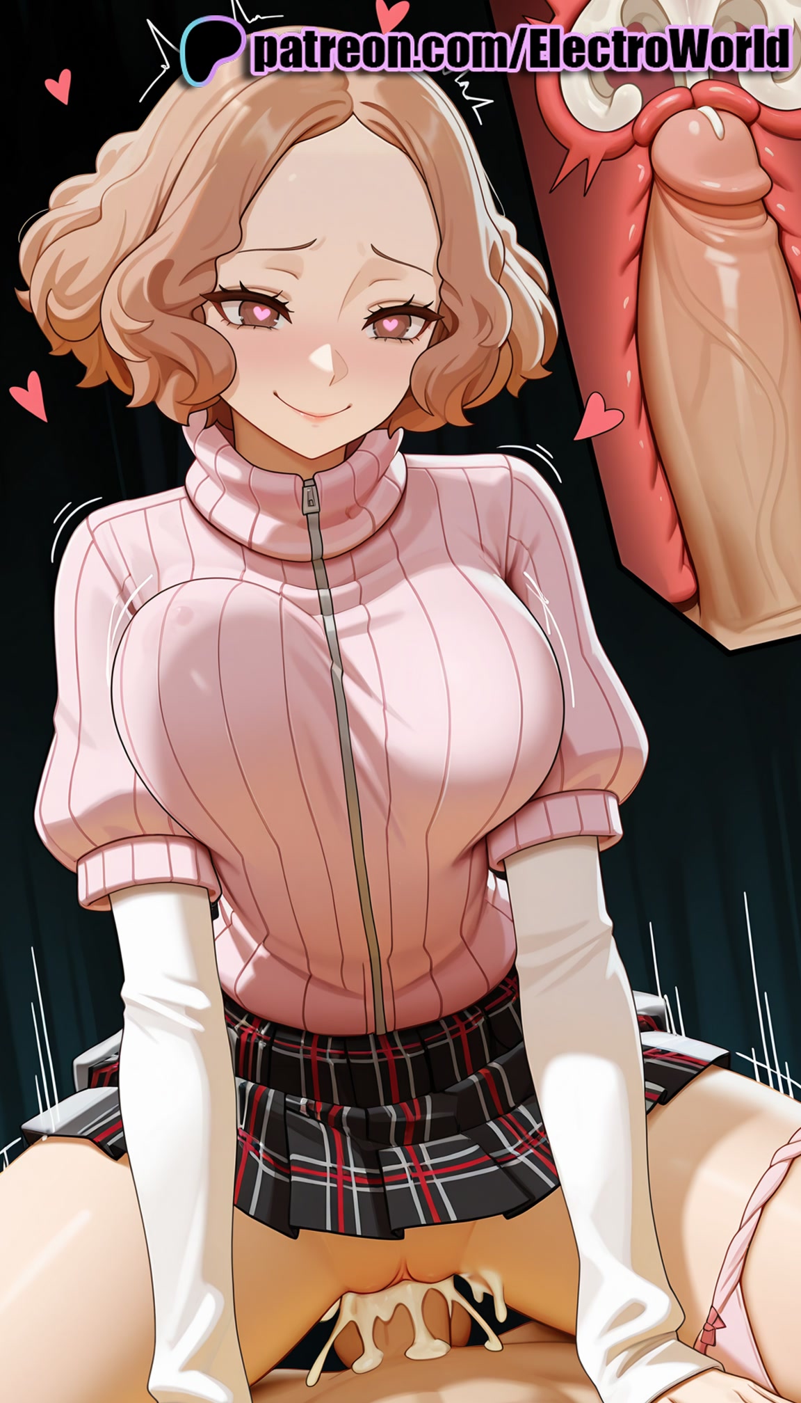 1boy, 1girls, 2025, ai generated, artist name, black background, breasts, brown hair, bust, chest, clothed sex, cock, cowgirl position, cross section, cum, cum in pussy, dick, ejaculation, electroworld, female, female on top, fucking, haru okumura, heart, heart-shaped pupils, hi res, high quality, high resolution, highres, intercourse, internal cumshot, legs apart, legs spread, love making, male, open legs, panties, panties around one leg, patreon, patreon username, penetration, penis, persona, persona 5, pink sweater, plaid, plaid skirt, pussy, ribbed sweater, riding, sex, sexual intercourse, shuujin academy uniform, skirt, smile, splayed legs, spread legs, stable diffusion, straddling, straight, sweater, symbol-shaped pupils, uncensored, underwear, uterus, vaginal penetration, watermark, white panties