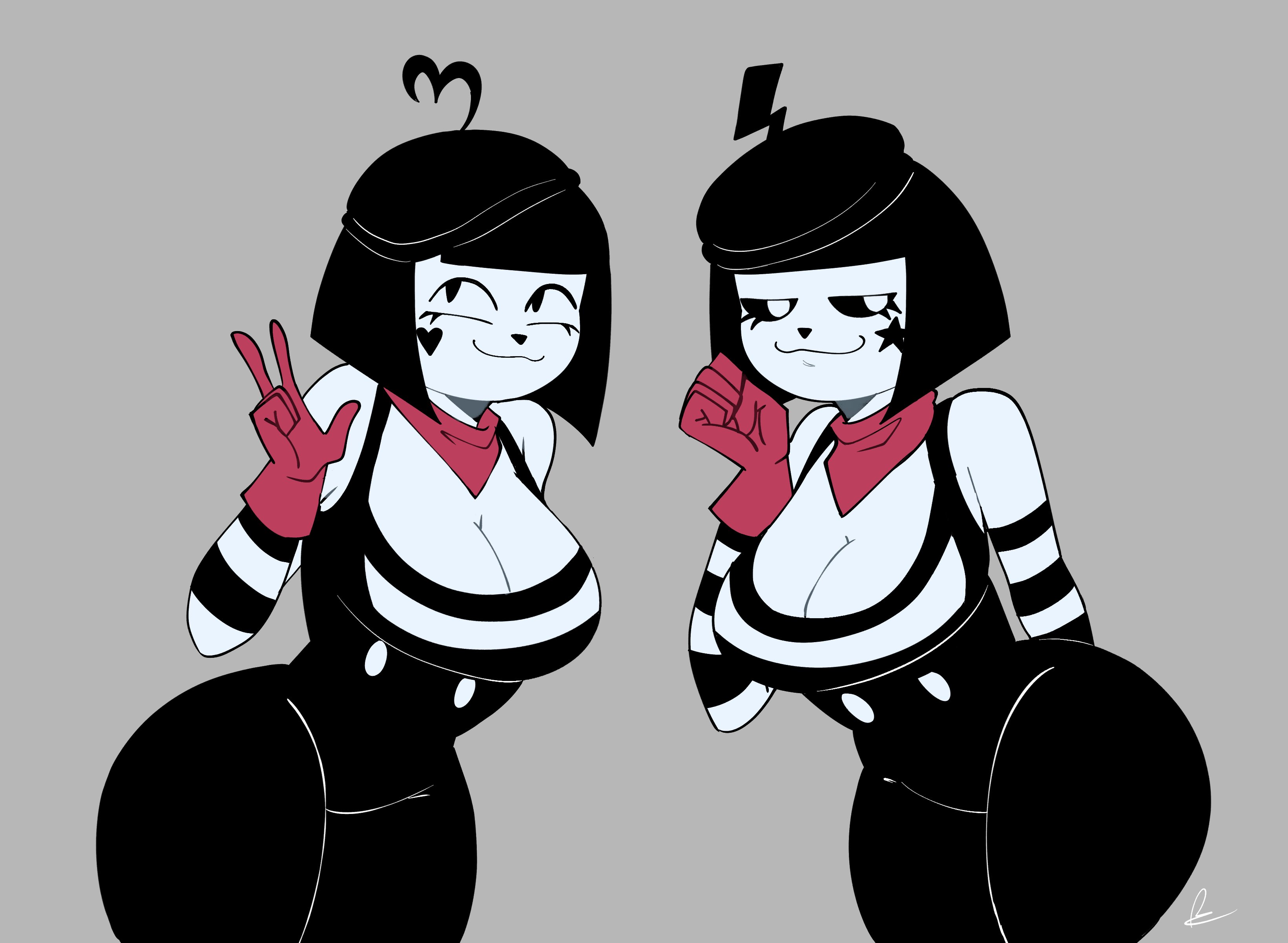 2d, 2d (artwork), 2d artwork, 2girls, big breasts, black eyes, black hair, black sclera, bob cut, bonbon (derpixon), breasts, chuchu (derpixon), cleavage, clothed, clothing, digital art, digital drawing, digital drawing (artwork), digital media, digital media (artwork), digital painting, digital painting (artwork), duo, female, female focus, female only, gloves, grey background, handwear, hat, headgear, headwear, heart on cheek, heart symbol, huge breasts, large breasts, looking at viewer, mime, mime and dash, mime girl, multiple females, multiple girls, quinbdoodles, red gloves, red handwear, red scarf, scarf, shawncookie, short black hair, short hair, simple background, smile, smiling at viewer, star (symbol), star on cheek, tagme, thick thighs, thighs, white body, white eyes, white skin, wide hips