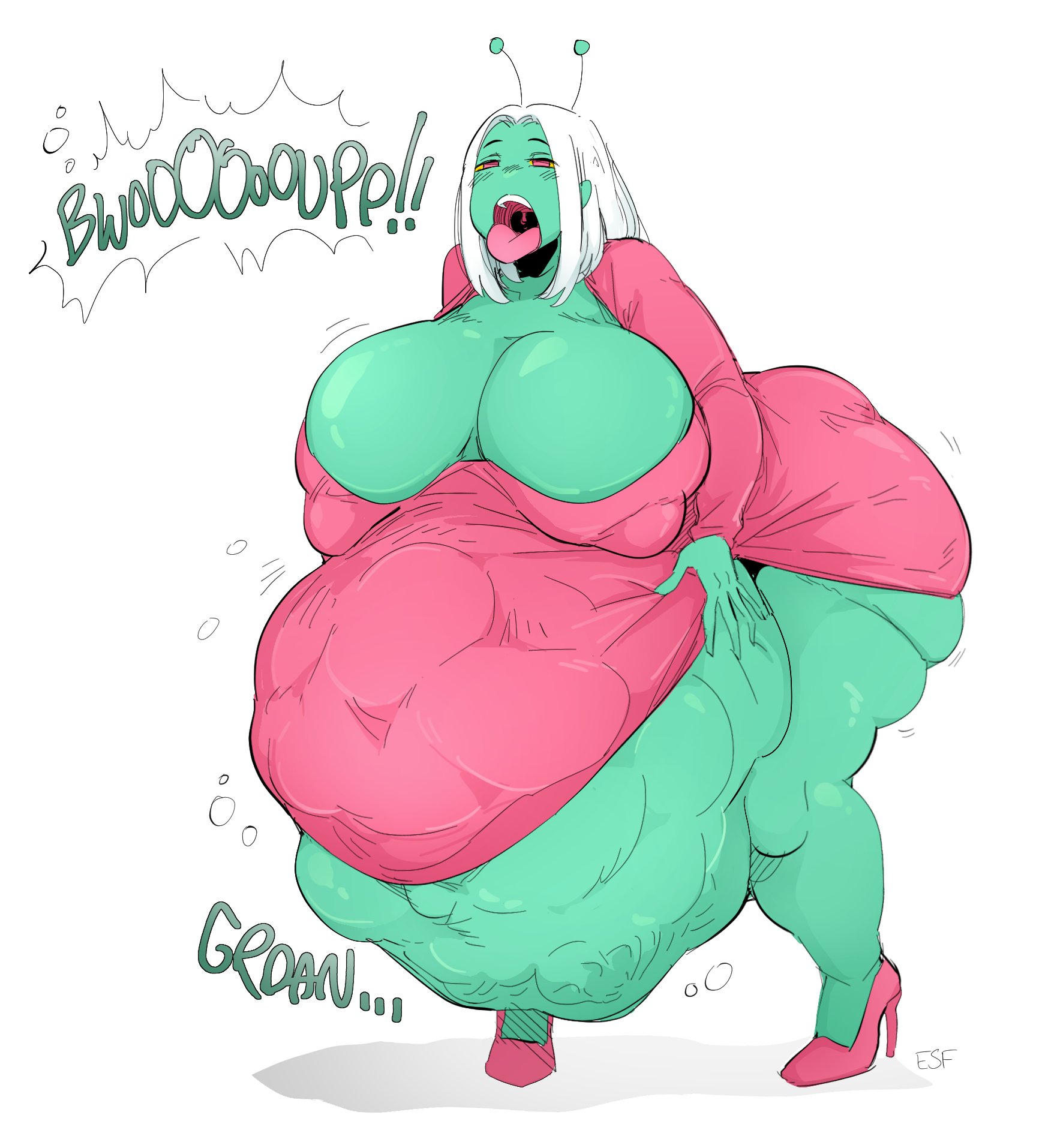 alien, alien girl, antennae (anatomy), breasts, burping, female, green skin, high heels, huge belly, huge breasts, malice (riu incognito), multiple prey, red eyes, riu incognito, tongue out, vore, vore belly, white hair