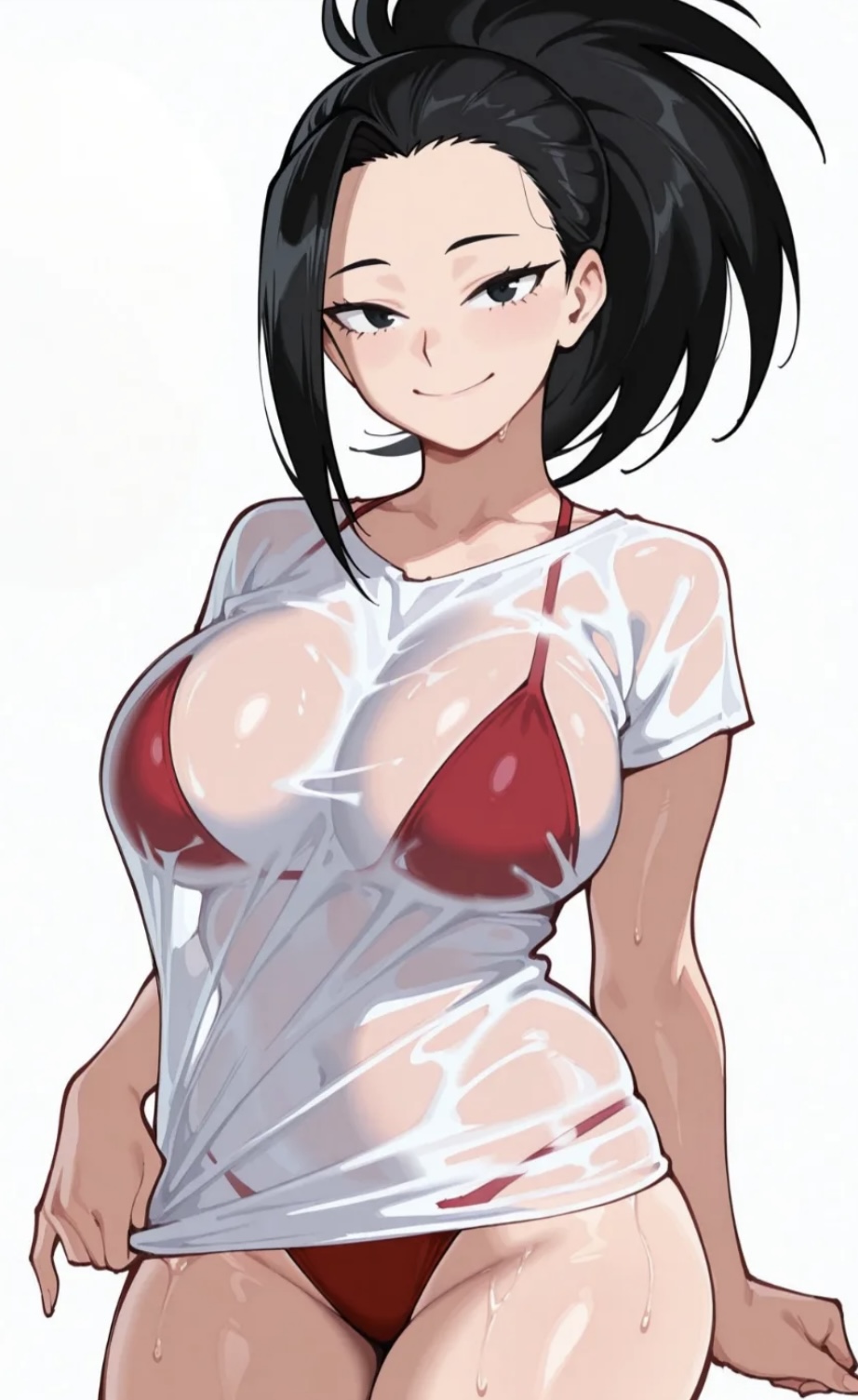 1girls, ai generated, big breasts, black hair, black-haired female, boku no hero academia, breasts, female, large breasts, momo yaoyorozu, my hero academia, red bikini, wet clothes, yaoyorozu momo