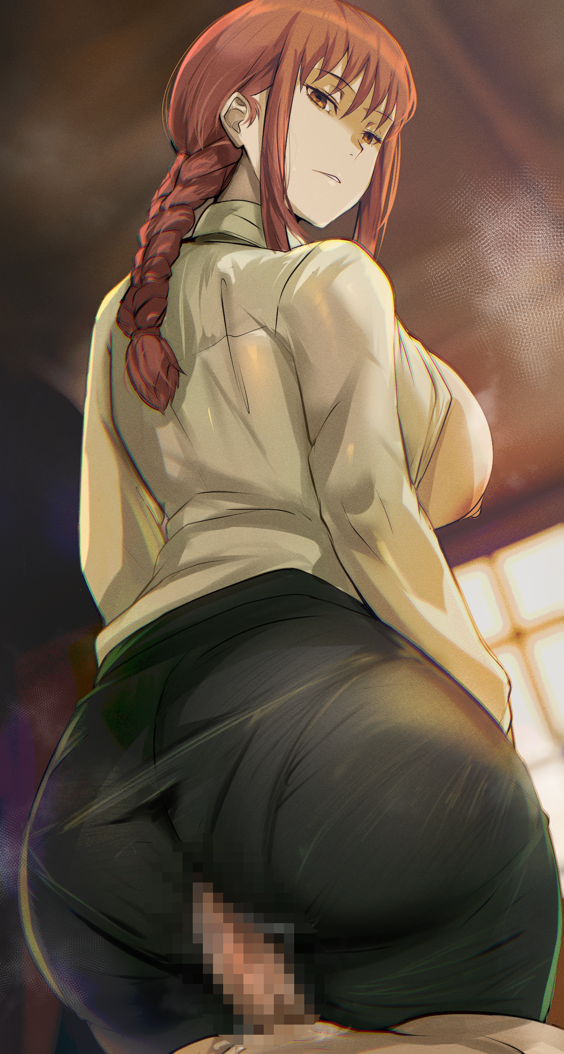 1boy, 1girls, alternate breast size (larger), ass, black pants, blurry, blurry background, braid, braided ponytail, breasts, buttjob, cafekun, censored, chainsaw man, collared shirt, commentary, erection, female, formal clothes, high-waist pants, highres, huge breasts, indoors, long hair, long sleeves, looking at viewer, makima (chainsaw man), male, mosaic censoring, nipples, pants, penis, red hair, red-haired female, ringed eyes, shirt, sideboob, solo, straight, white shirt, yellow eyes
